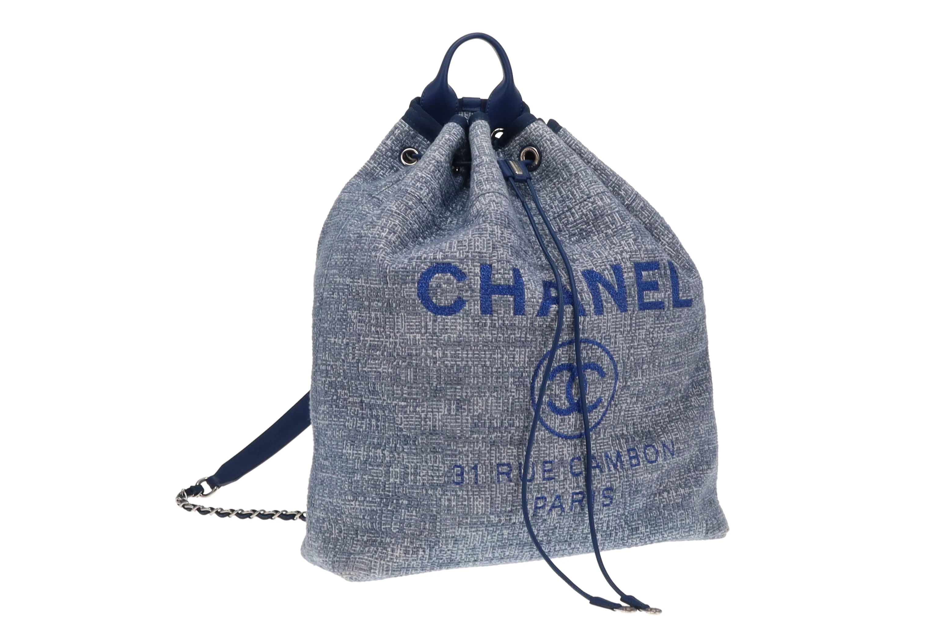 Chanel Deauville Drawstring Backpack Blue Tweed and Leather 2018 - Image 3