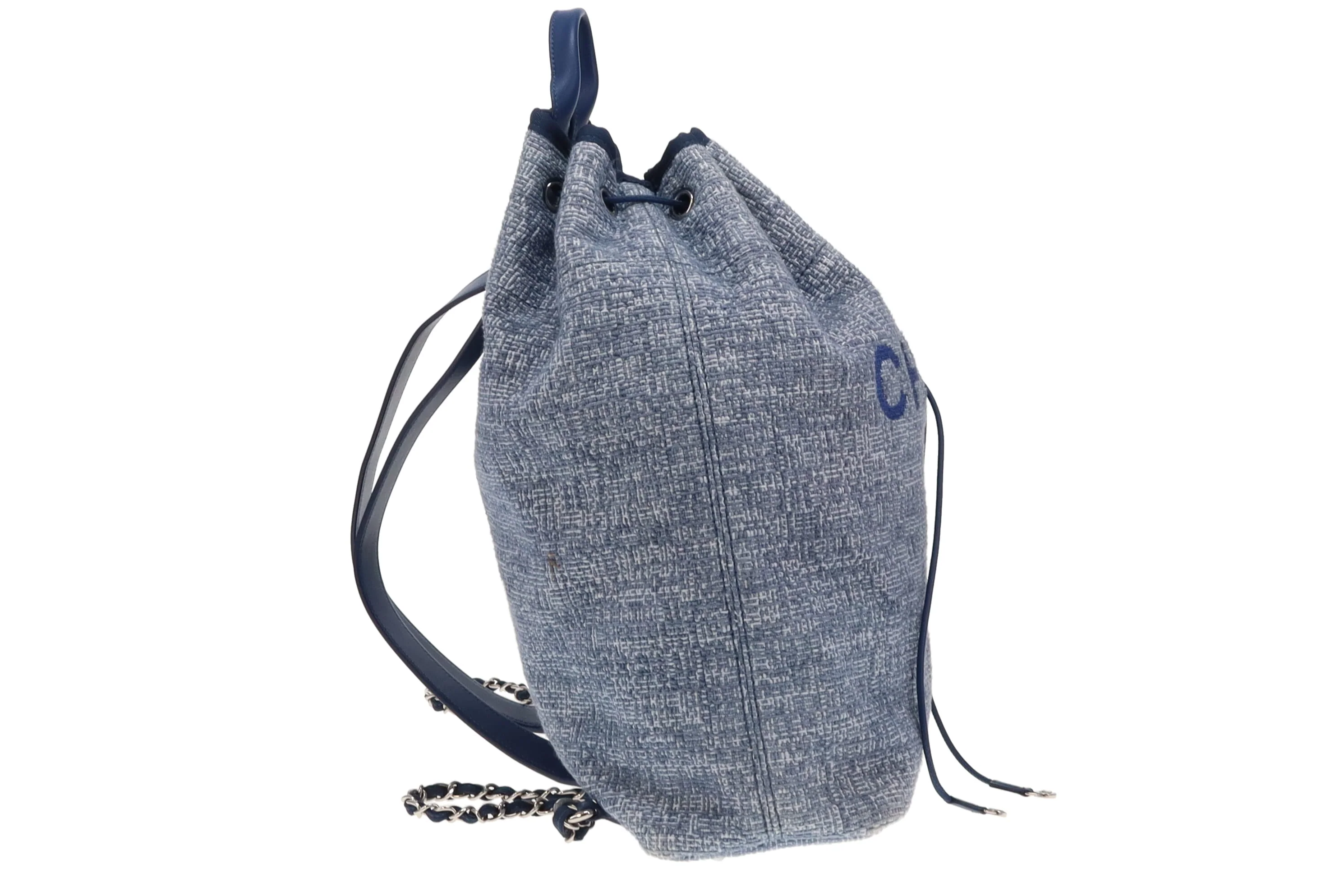 Chanel Deauville Drawstring Backpack Blue Tweed and Leather 2018 - Image 4