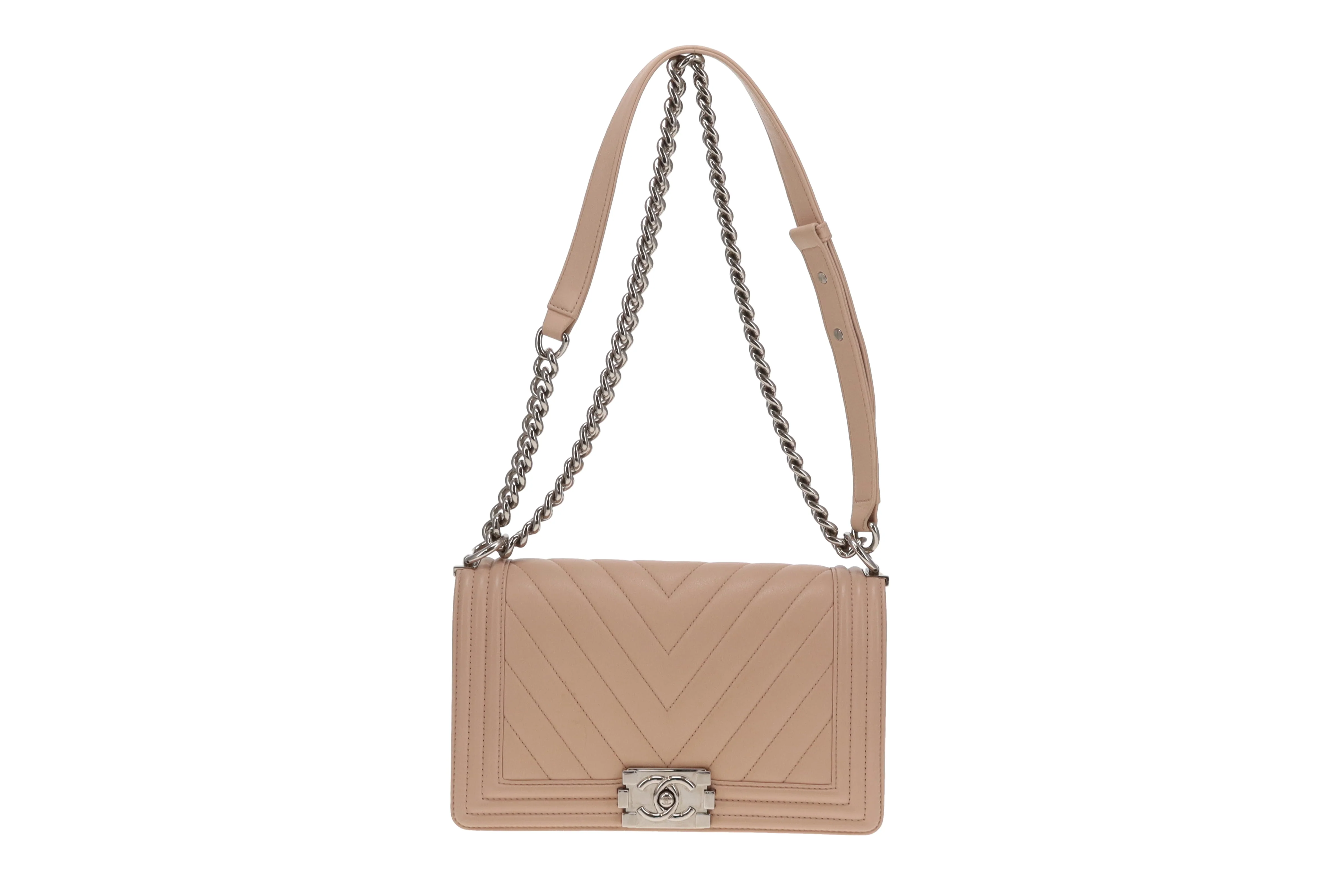 Chanel Boy Bag New Medium Beige Chevron With Silver Hardware 2016 - Image 4