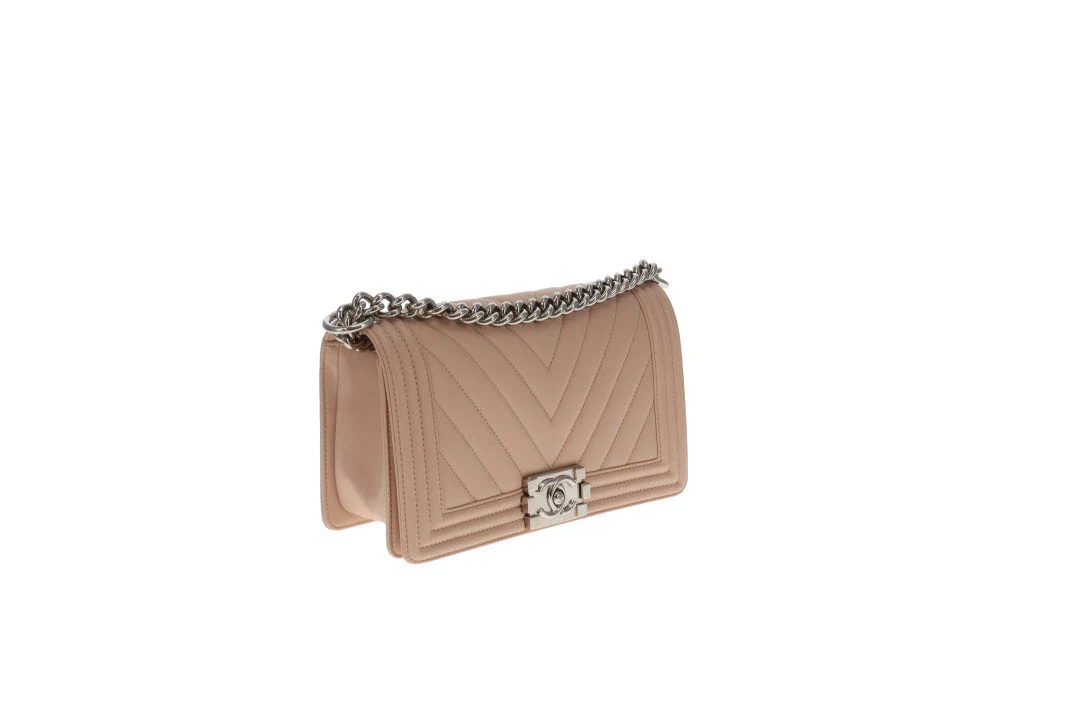 Chanel Boy Bag New Medium Beige Chevron With Silver Hardware 2016 - Image 5