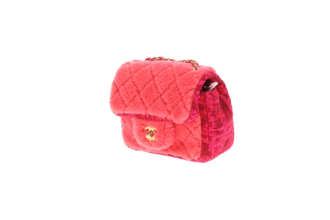 Chanel Classic Mini Square Pink Shearling and Tweed 2020 - Image 13