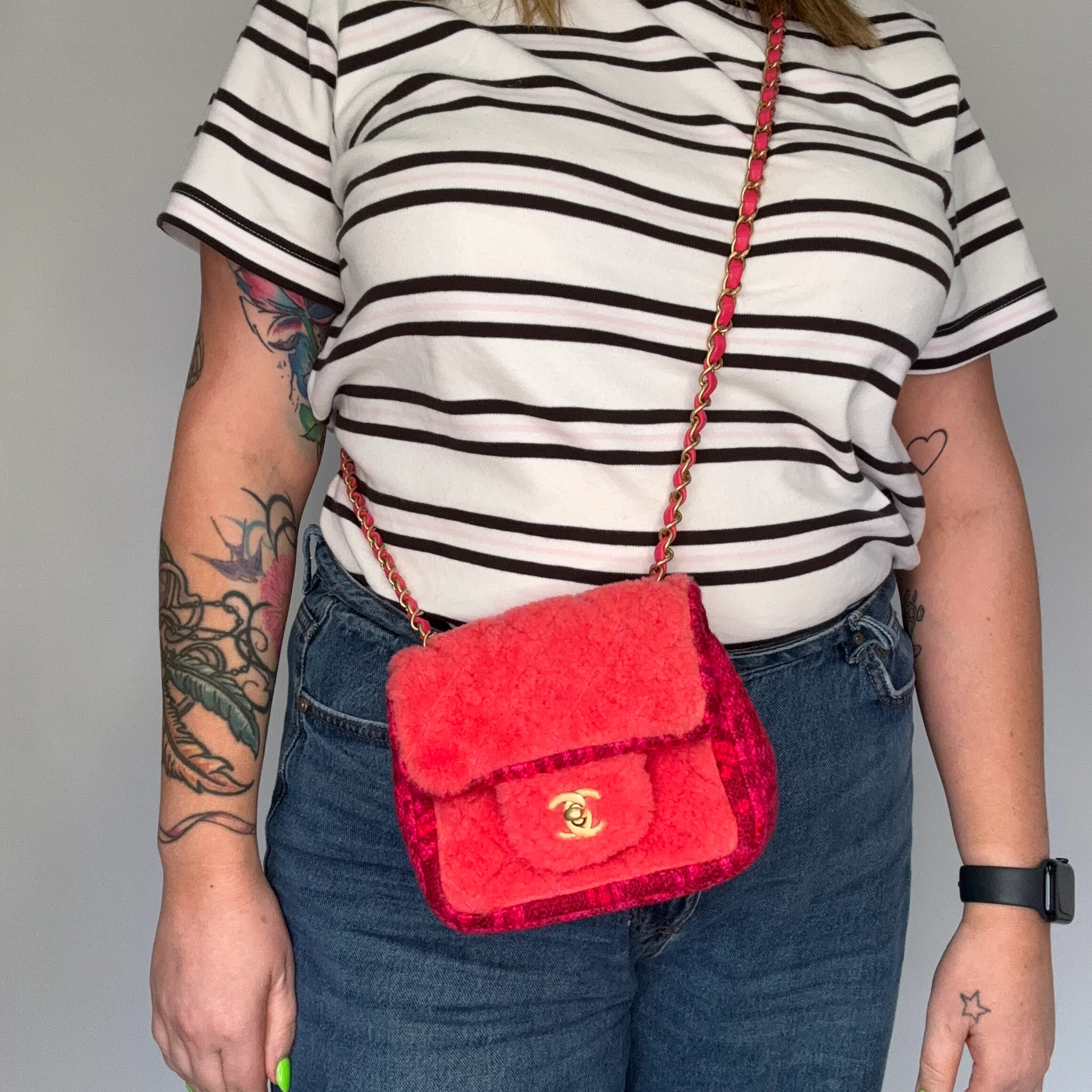 Chanel Classic Mini Square Pink Shearling and Tweed 2020 - Image 3