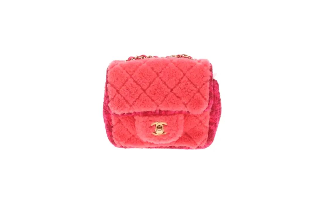 Chanel Classic Mini Square Pink Shearling and Tweed 2020 - Image 5