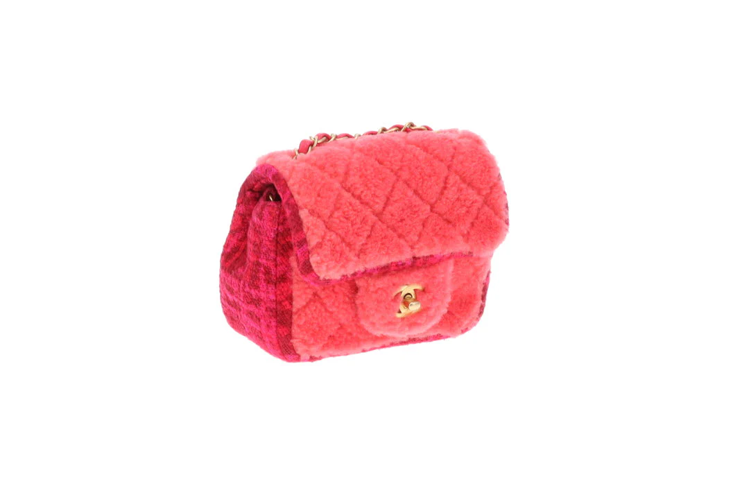 Chanel Classic Mini Square Pink Shearling and Tweed 2020 - Image 6