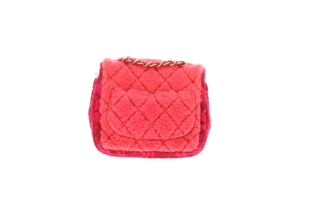Chanel Classic Mini Square Pink Shearling and Tweed 2020 - Image 8