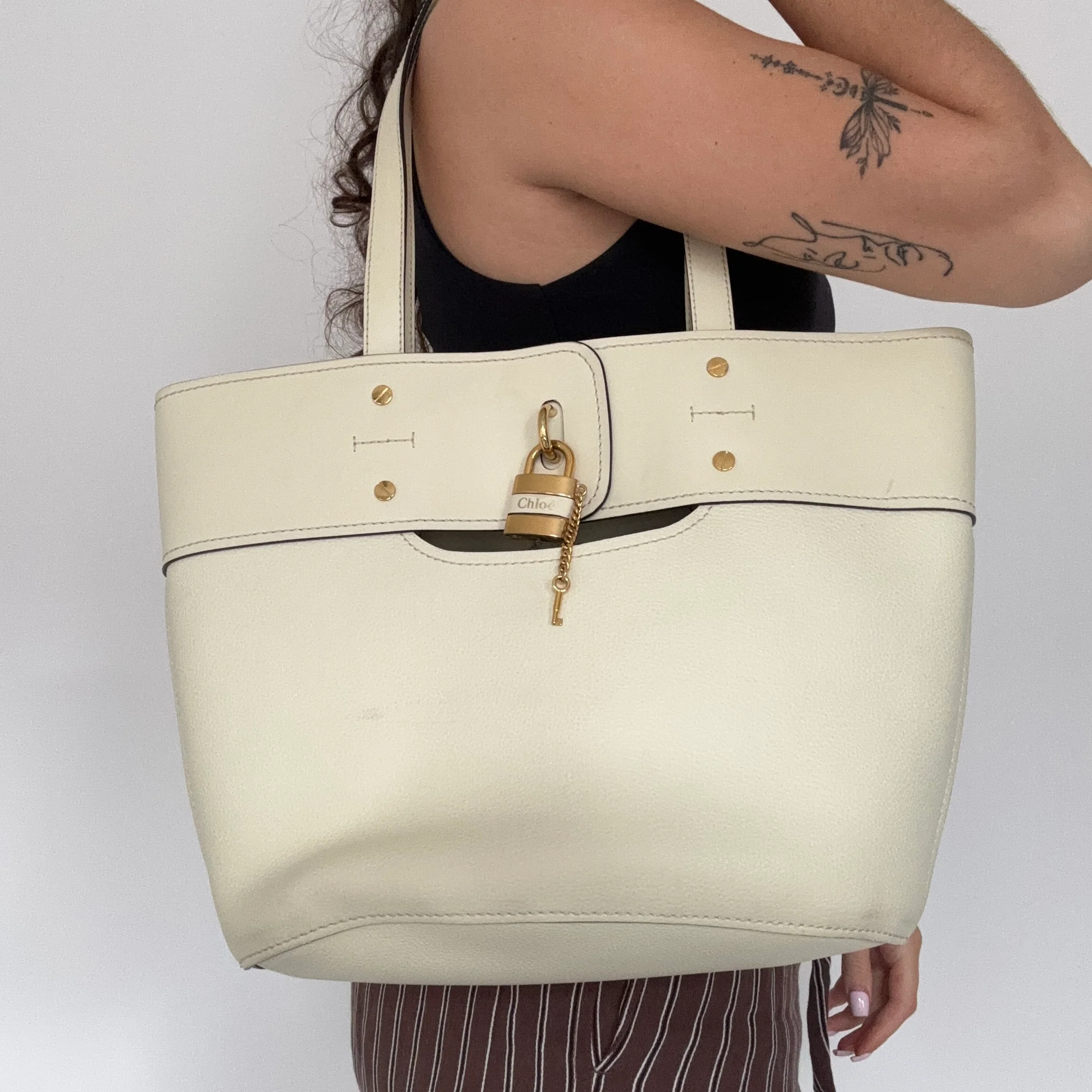 Chloe Cream Smooth and Grained Leather Medium Aby Tote - Image 2