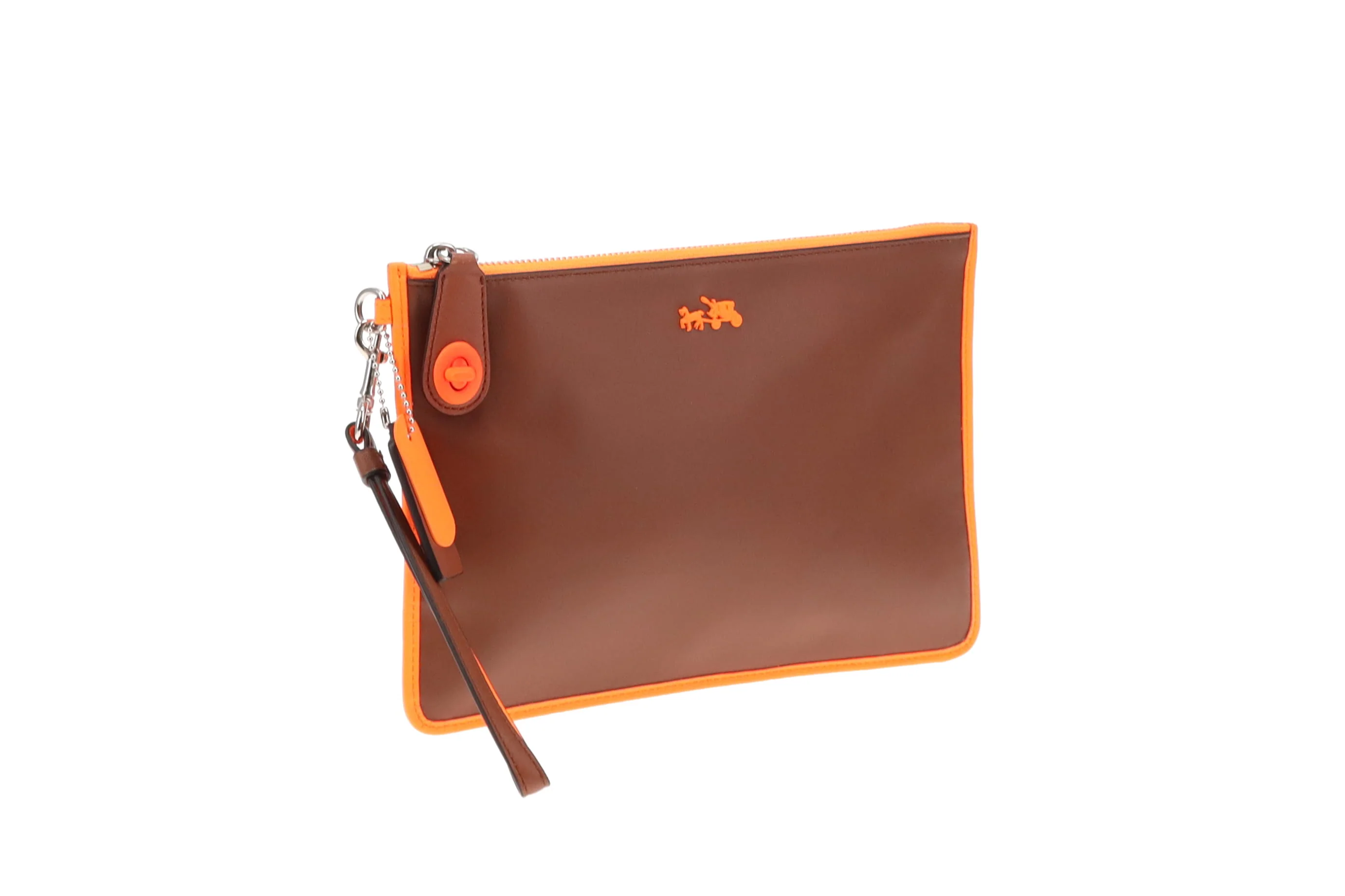 Coach Tan Leather Neon Orange Wristlet - Image 3