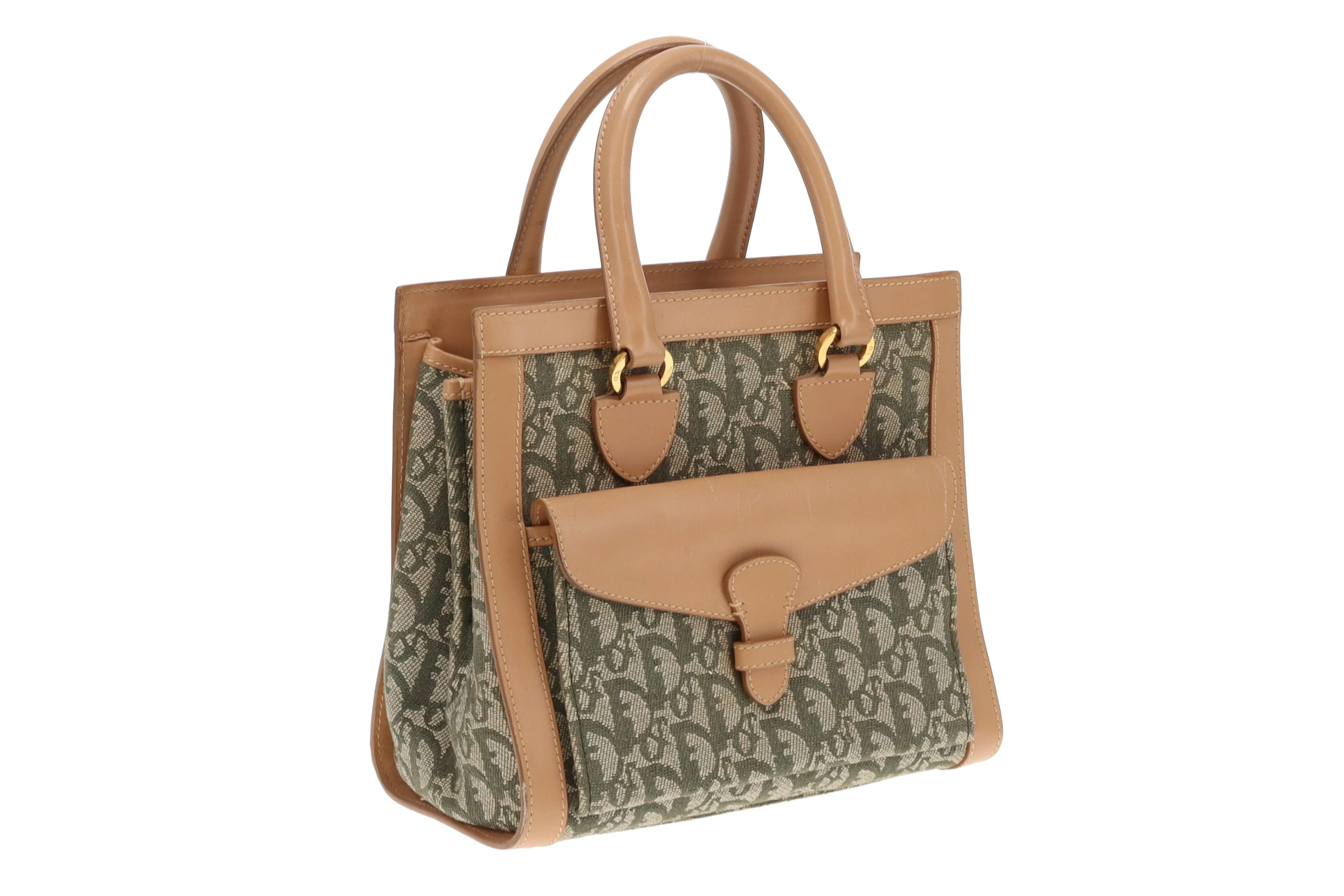 Dior Green Oblique and Tan Leather Vintage Tote Bag 2002 - Image 3