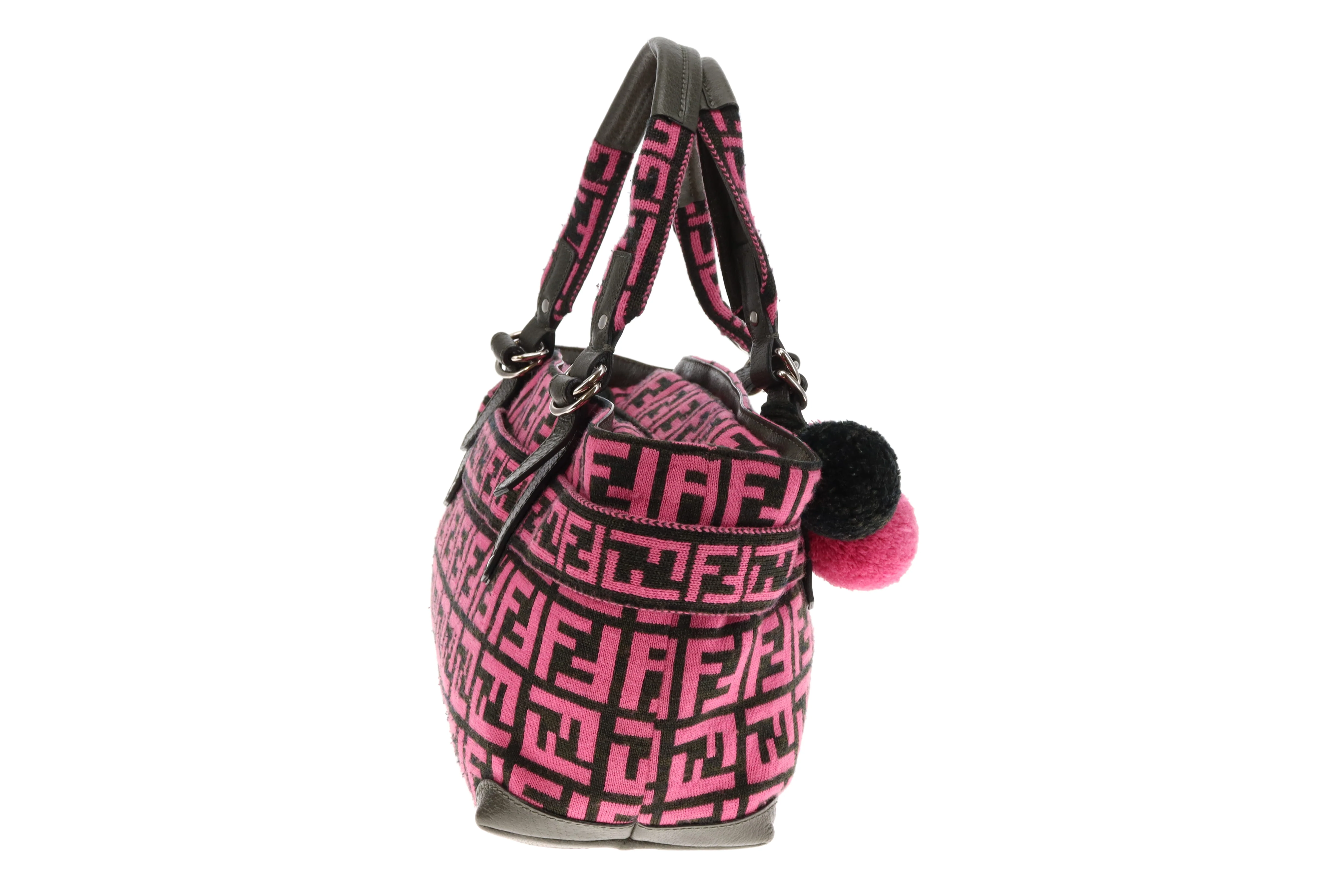 Fendi Pink/Zucca Wool Pom Pom Handbag - Image 4