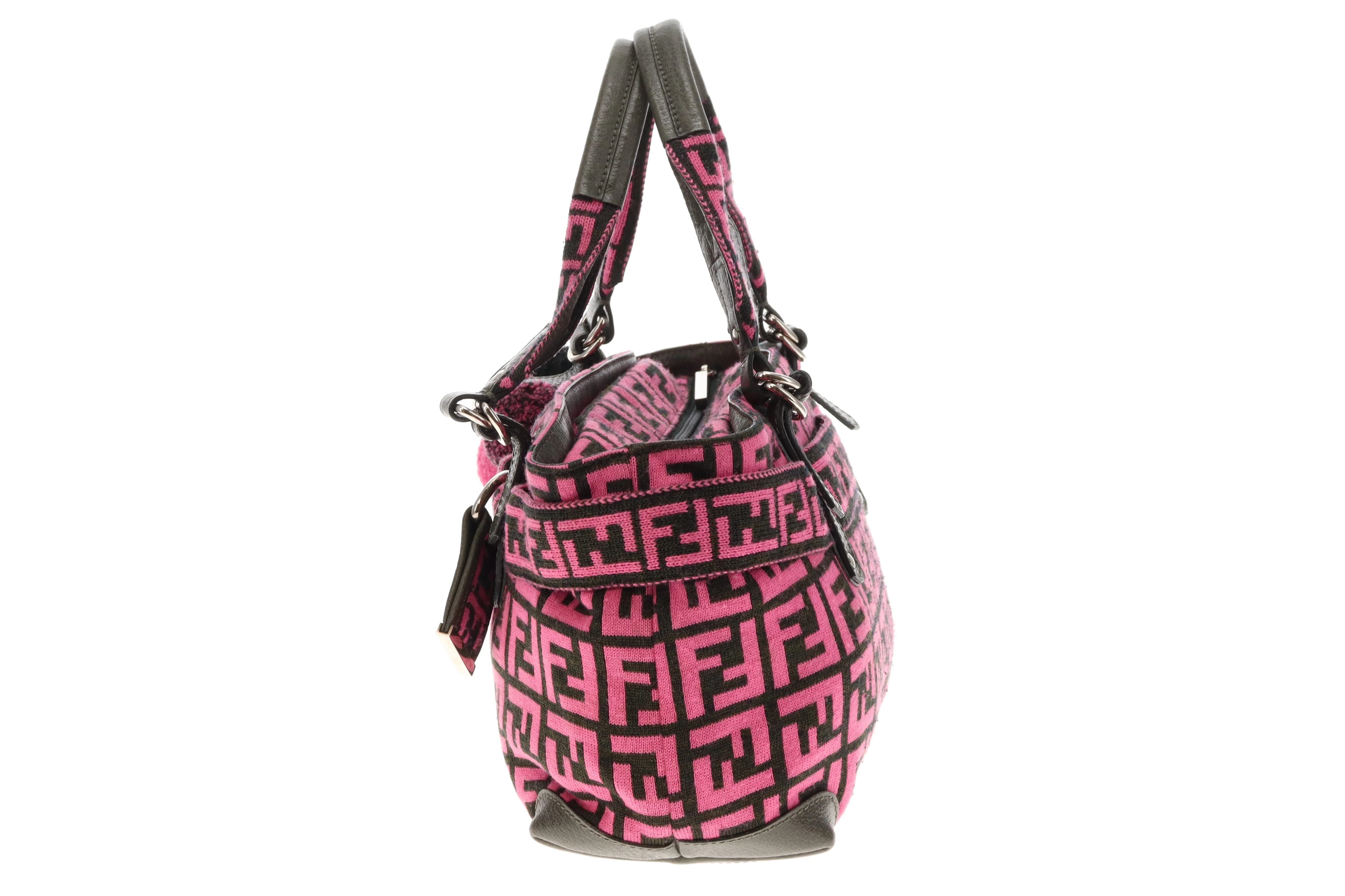 Fendi Pink/Zucca Wool Pom Pom Handbag - Image 6