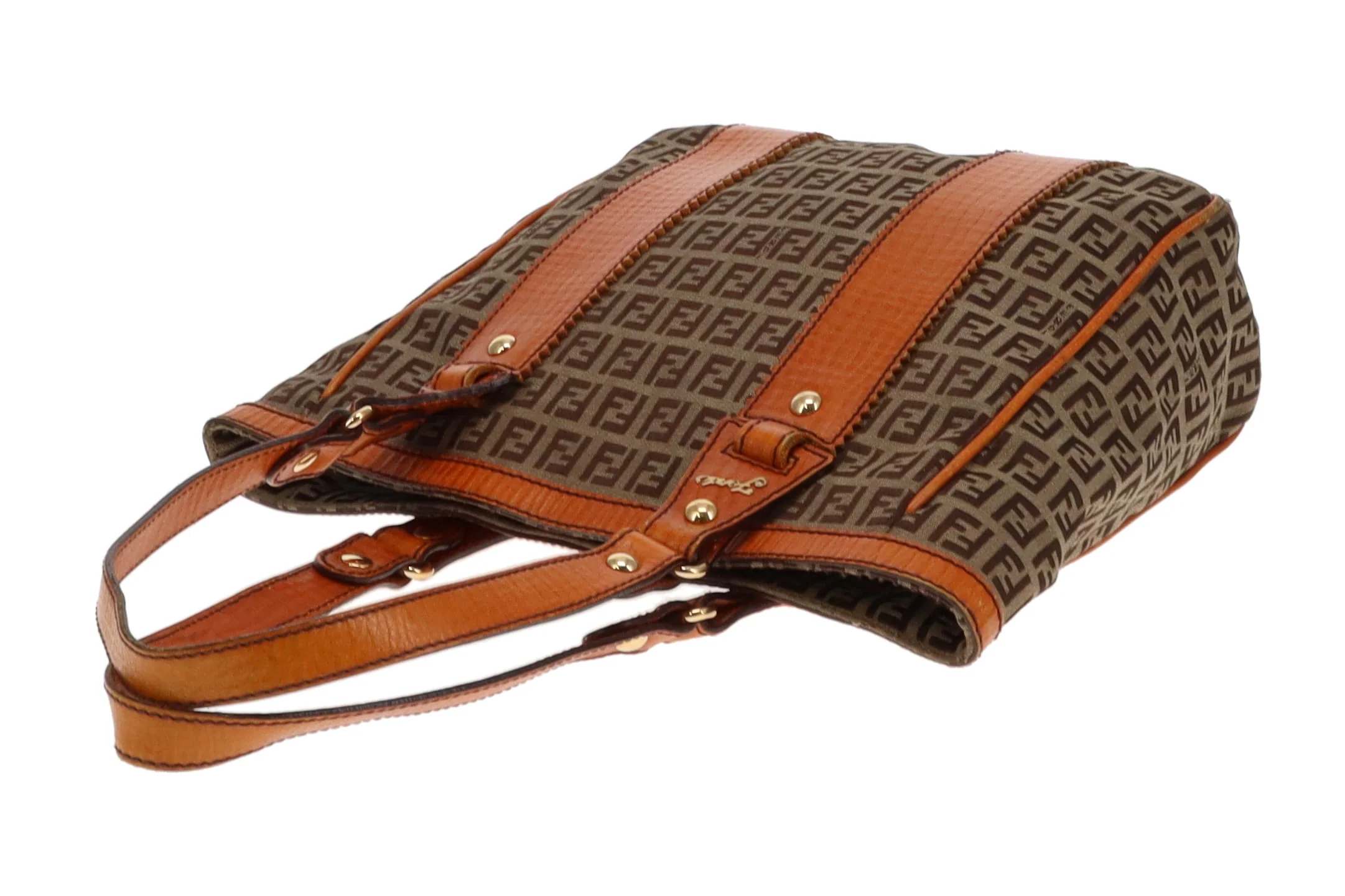 Fendi Zucchino and Orange Leather Trim Open Tote Bag - Image 12
