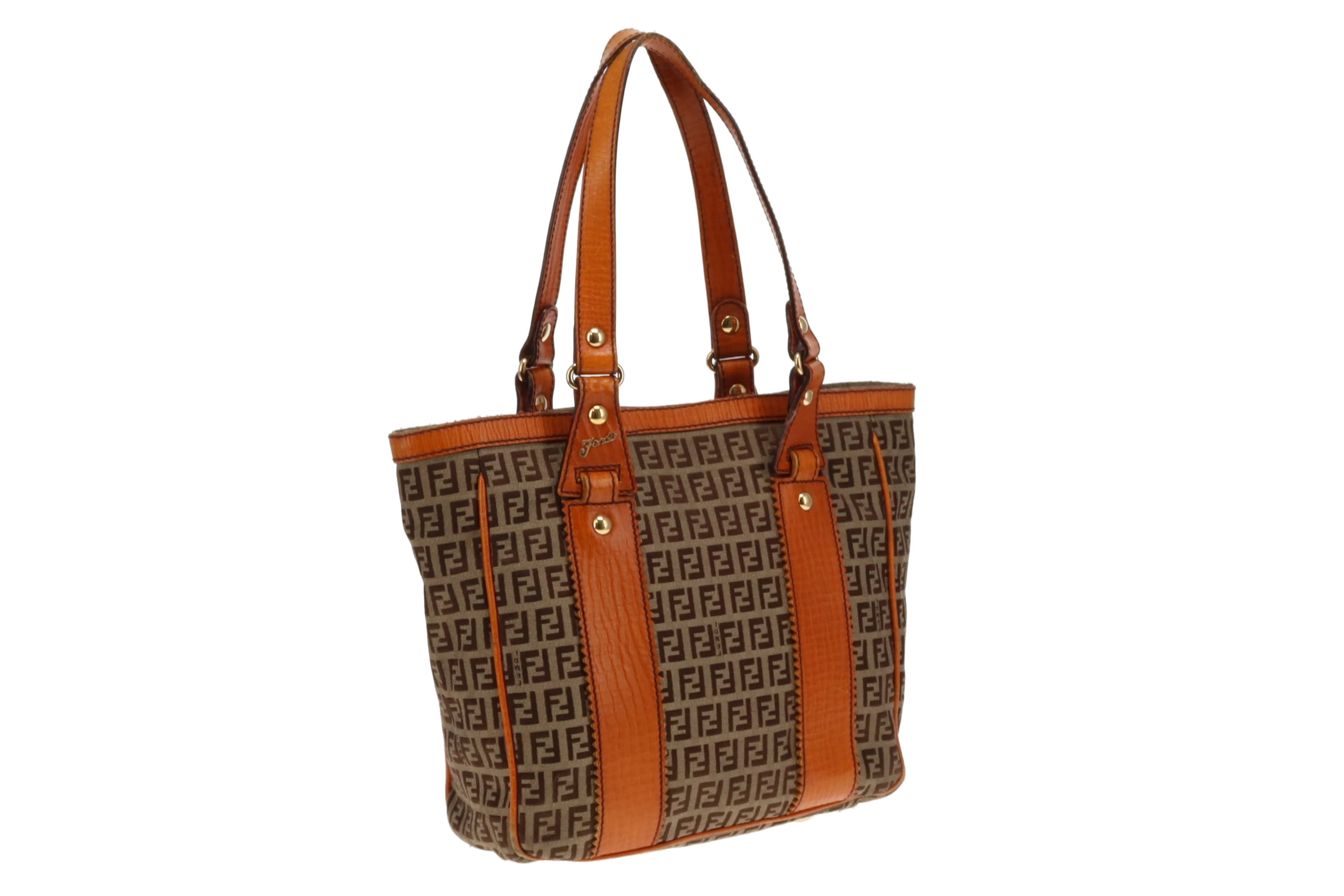 Fendi Zucchino and Orange Leather Trim Open Tote Bag - Image 3
