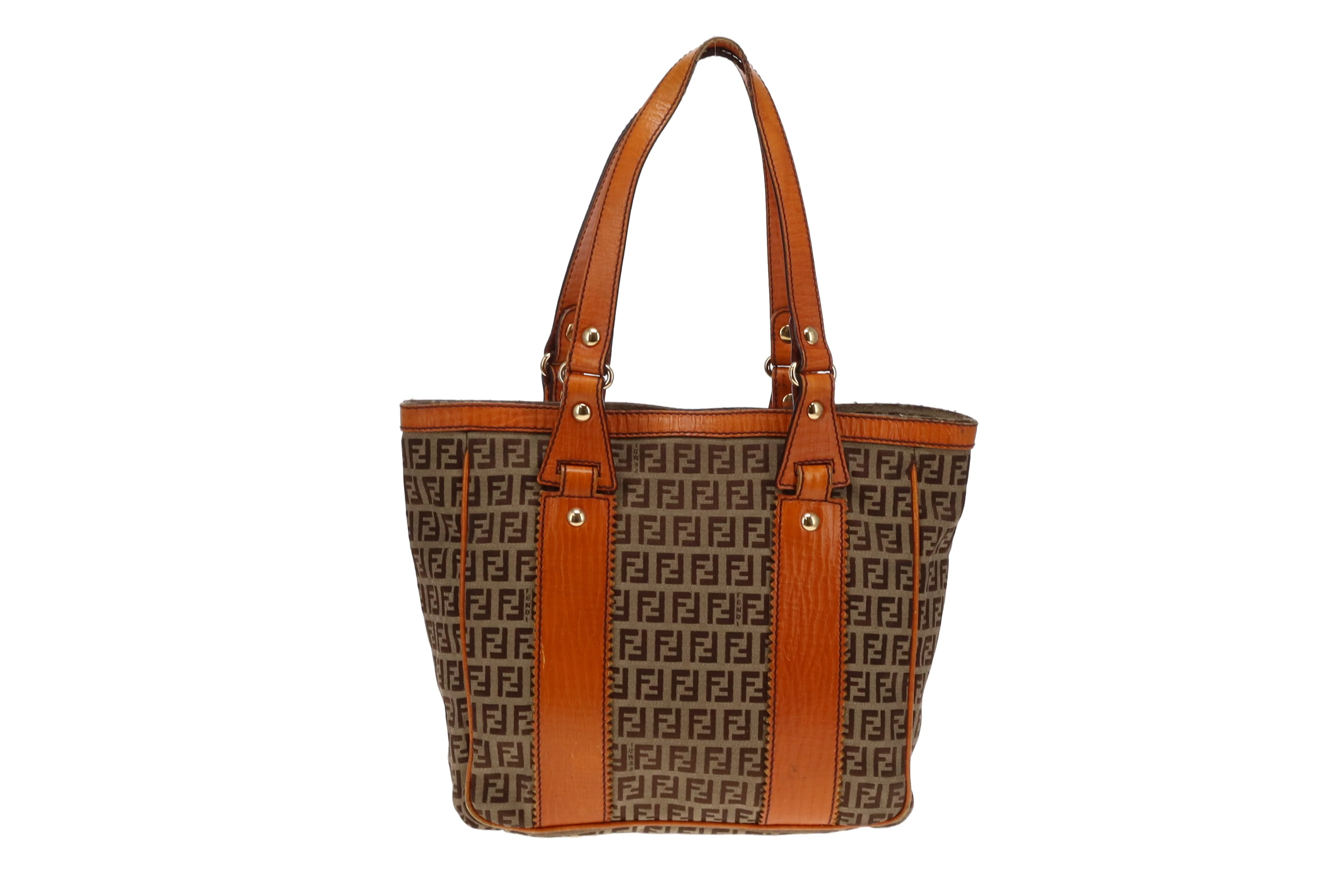 Fendi Zucchino and Orange Leather Trim Open Tote Bag - Image 5