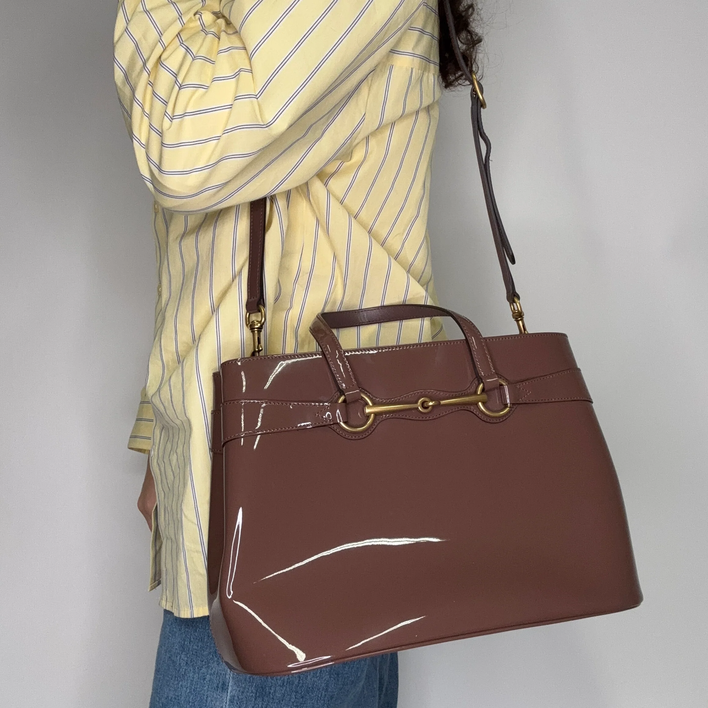 Gucci Horsebit Tote with Strap Mocha Patent Leather GHW - Image 2