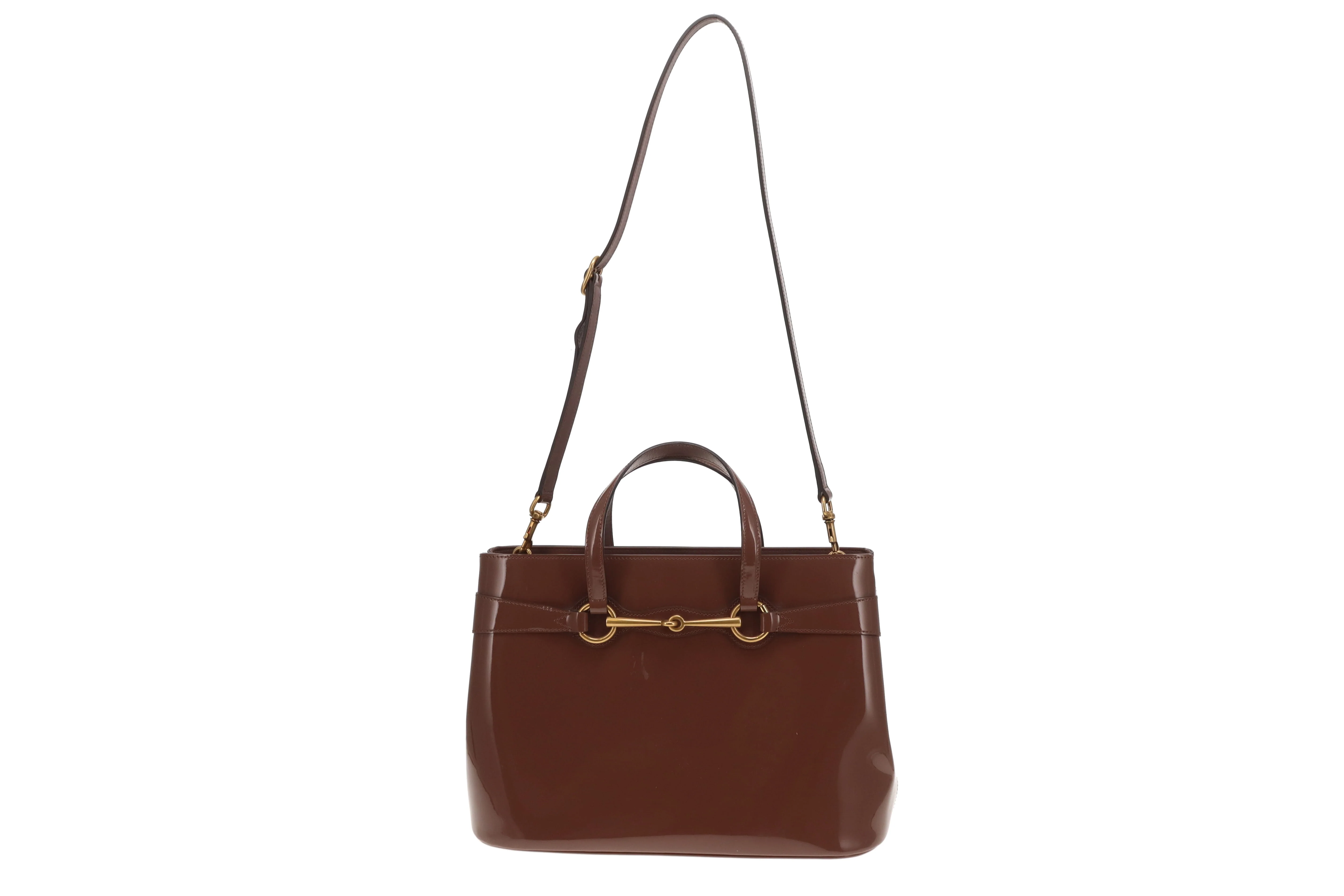 Gucci Horsebit Tote with Strap Mocha Patent Leather GHW - Image 3