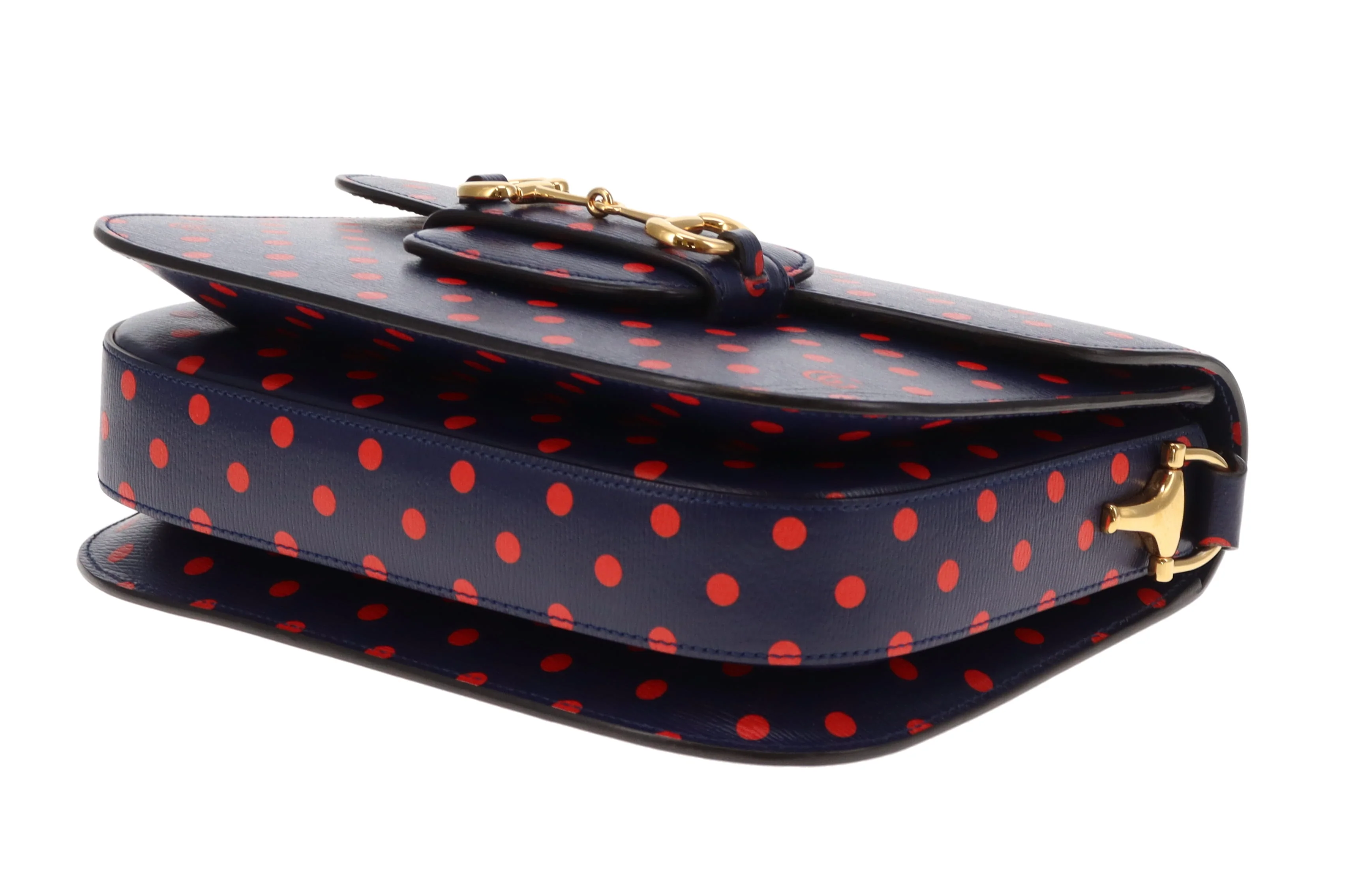 Gucci Horsebit 1955 Shanghai Shoulder Bag – Navy Polka Dot Calfskin - Image 10