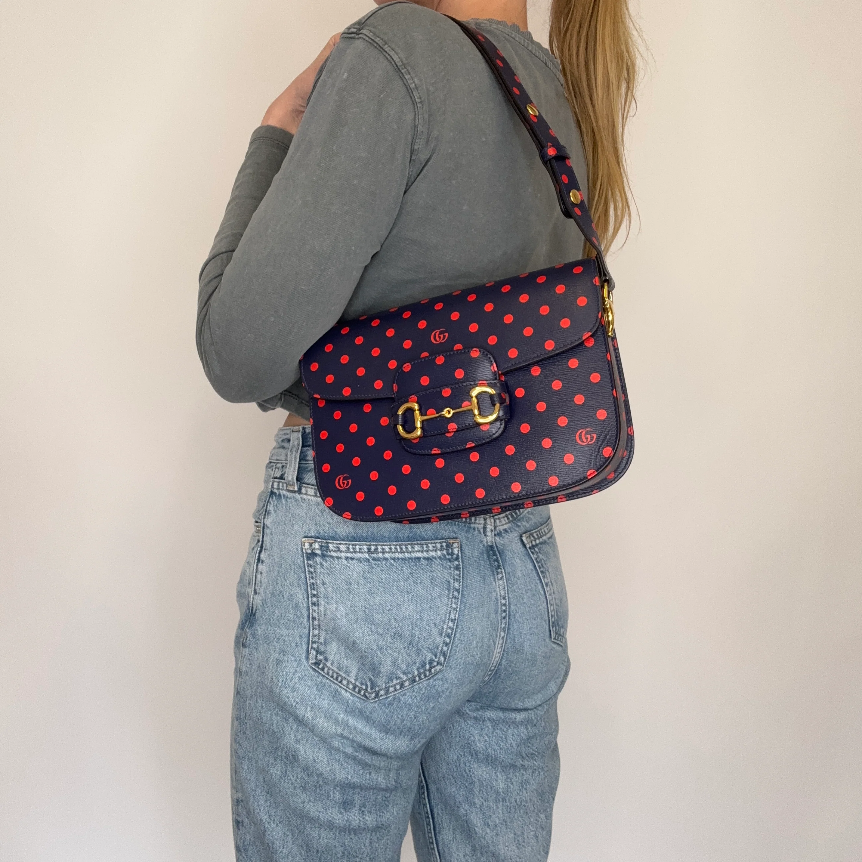 Gucci Horsebit 1955 Shanghai Shoulder Bag – Navy Polka Dot Calfskin - Image 2