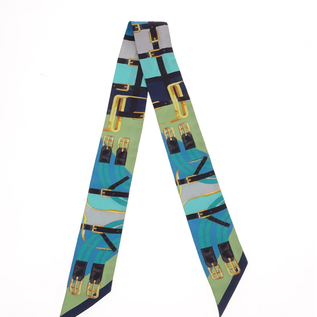 Hermes Silk Twilly Buckles & Straps Green & Blue - Image 8