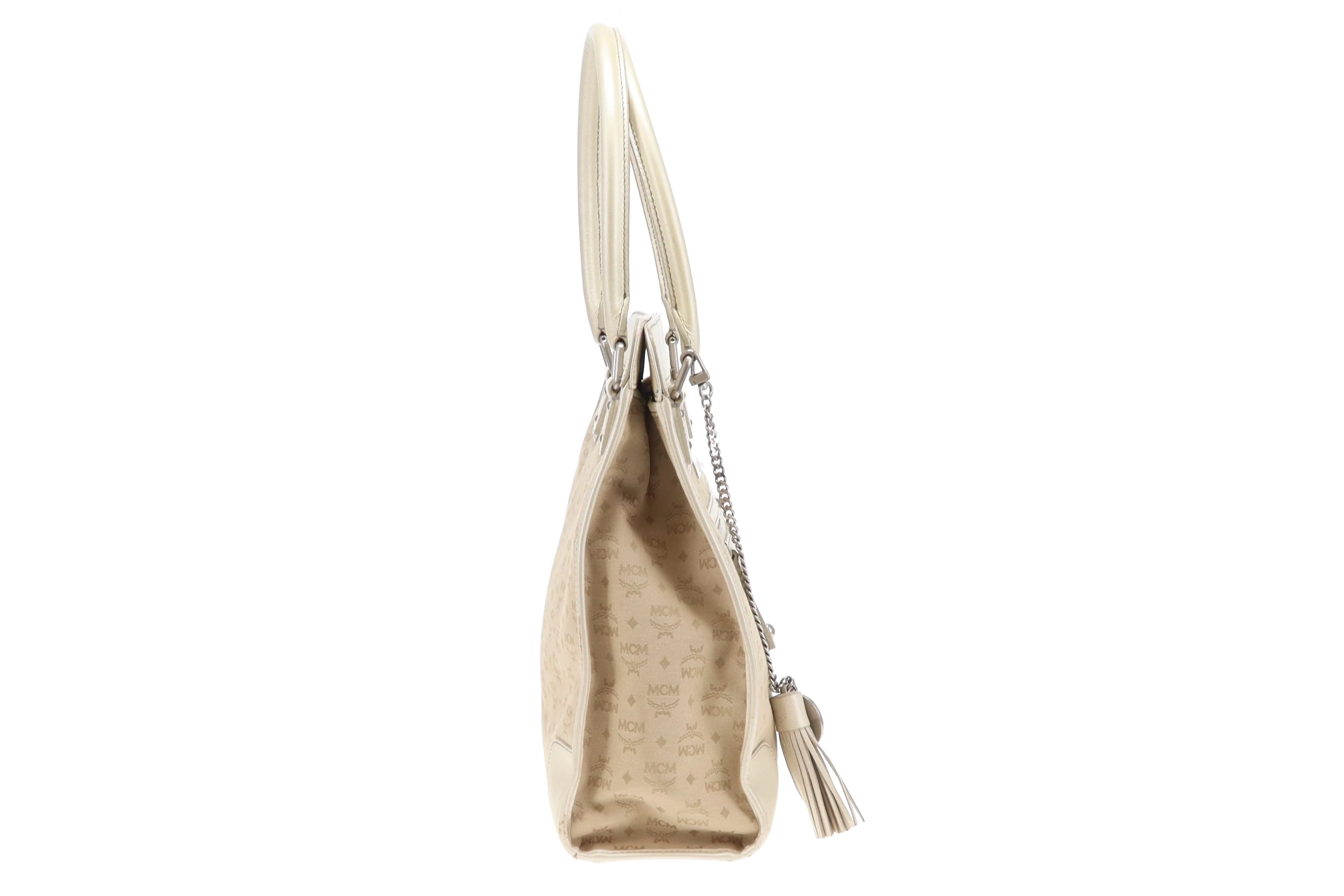 MCM Gold Leather & Canvas Tassel Tote - Image 4