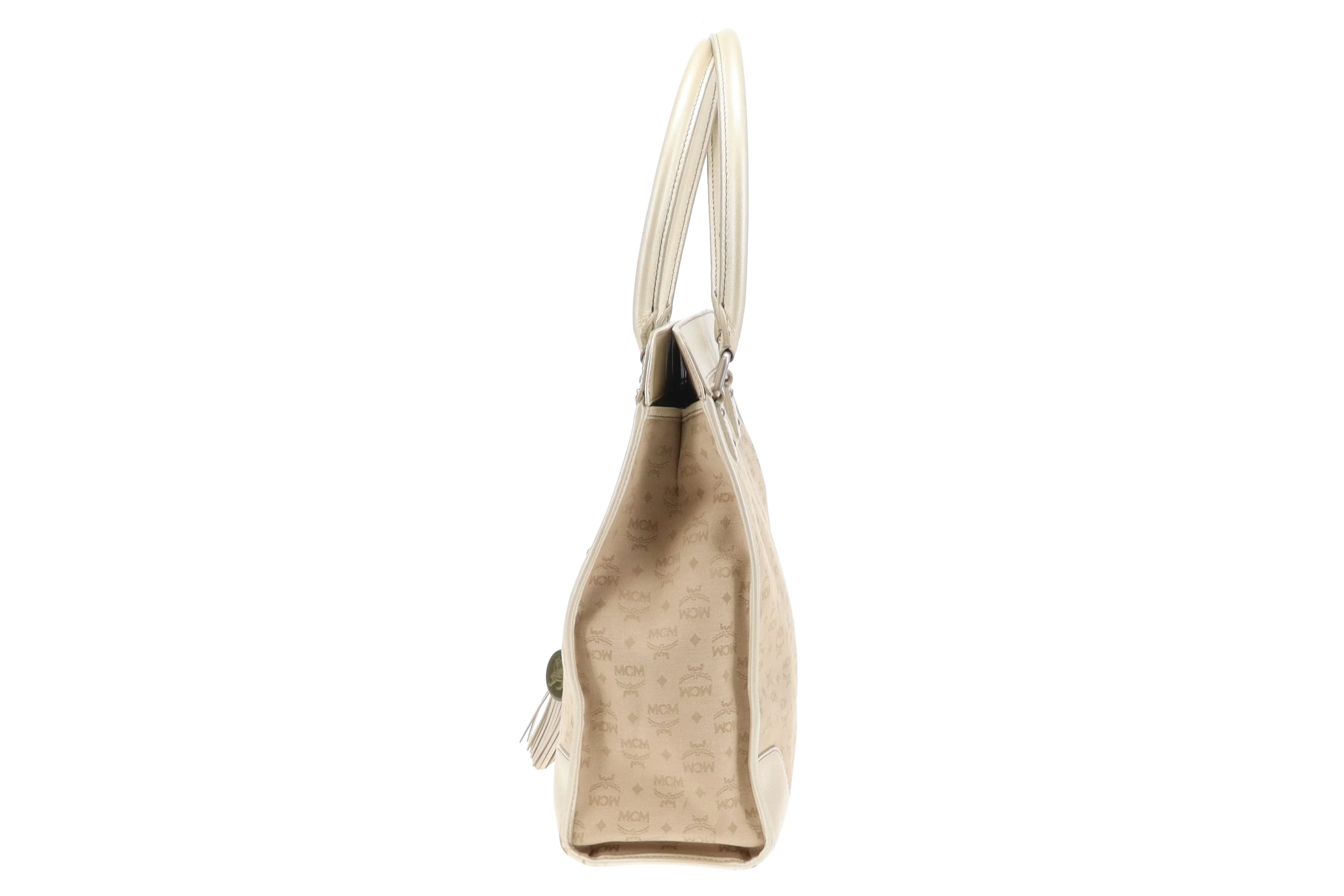 MCM Gold Leather & Canvas Tassel Tote - Image 6