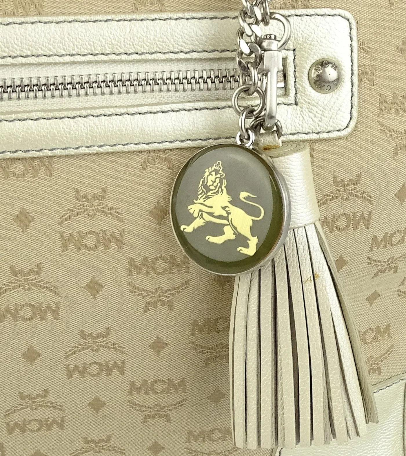 MCM Gold Leather & Canvas Tassel Tote - Image 8
