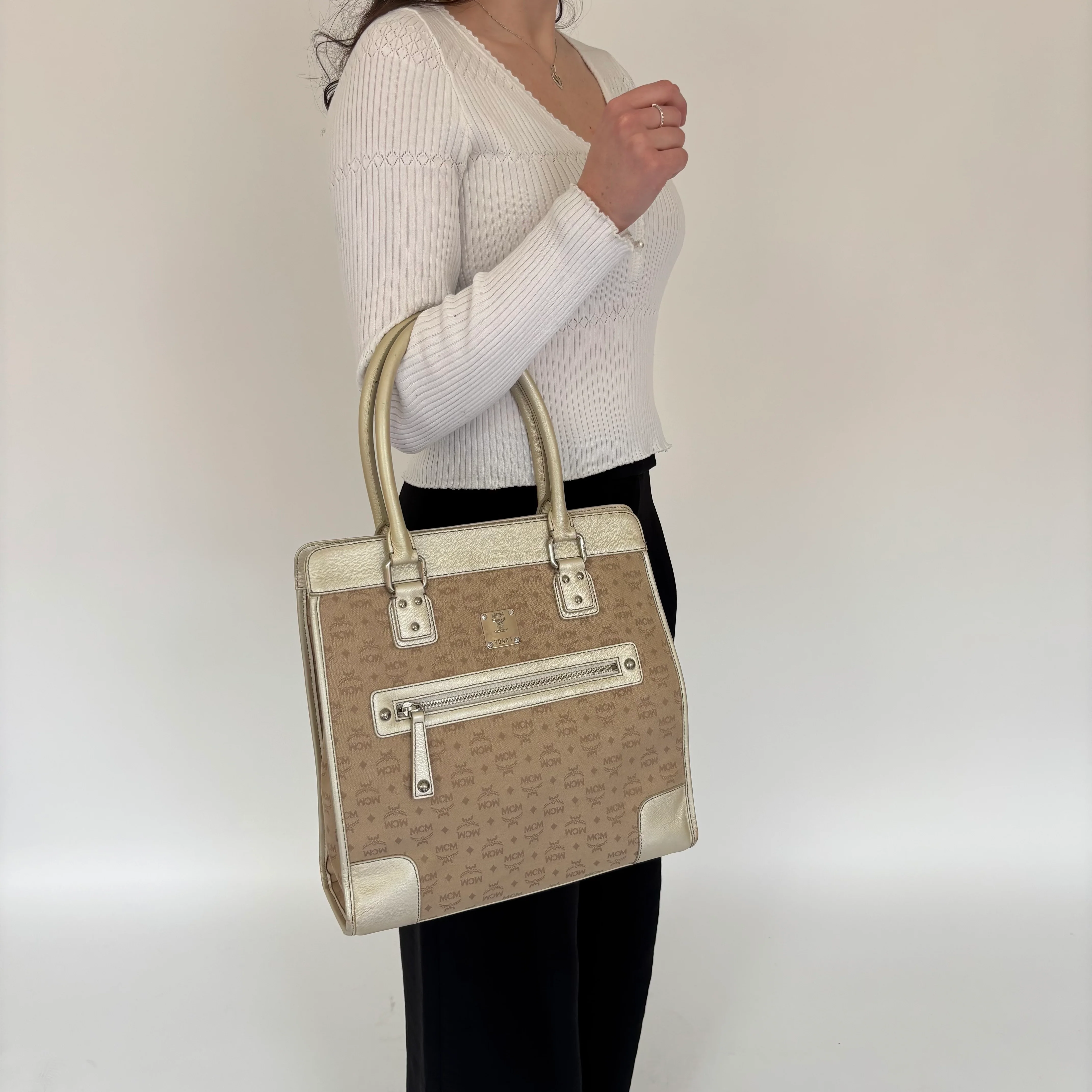 MCM Gold Leather & Canvas Tassel Tote - Image 9