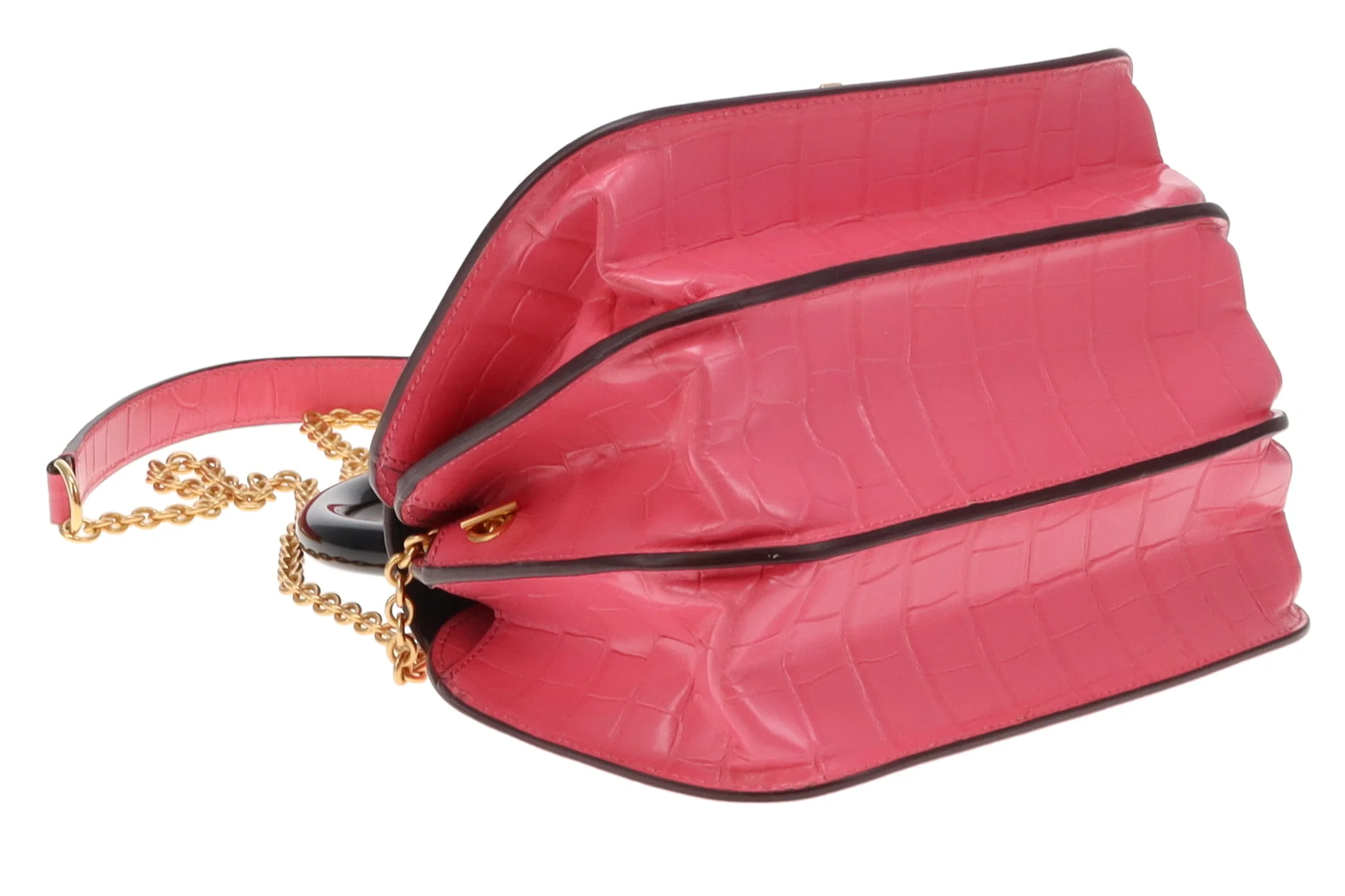 Mulbery Pink Shiny Croc Embossed Bovine Leather Mews Top Handle Chain Bag - Image 11