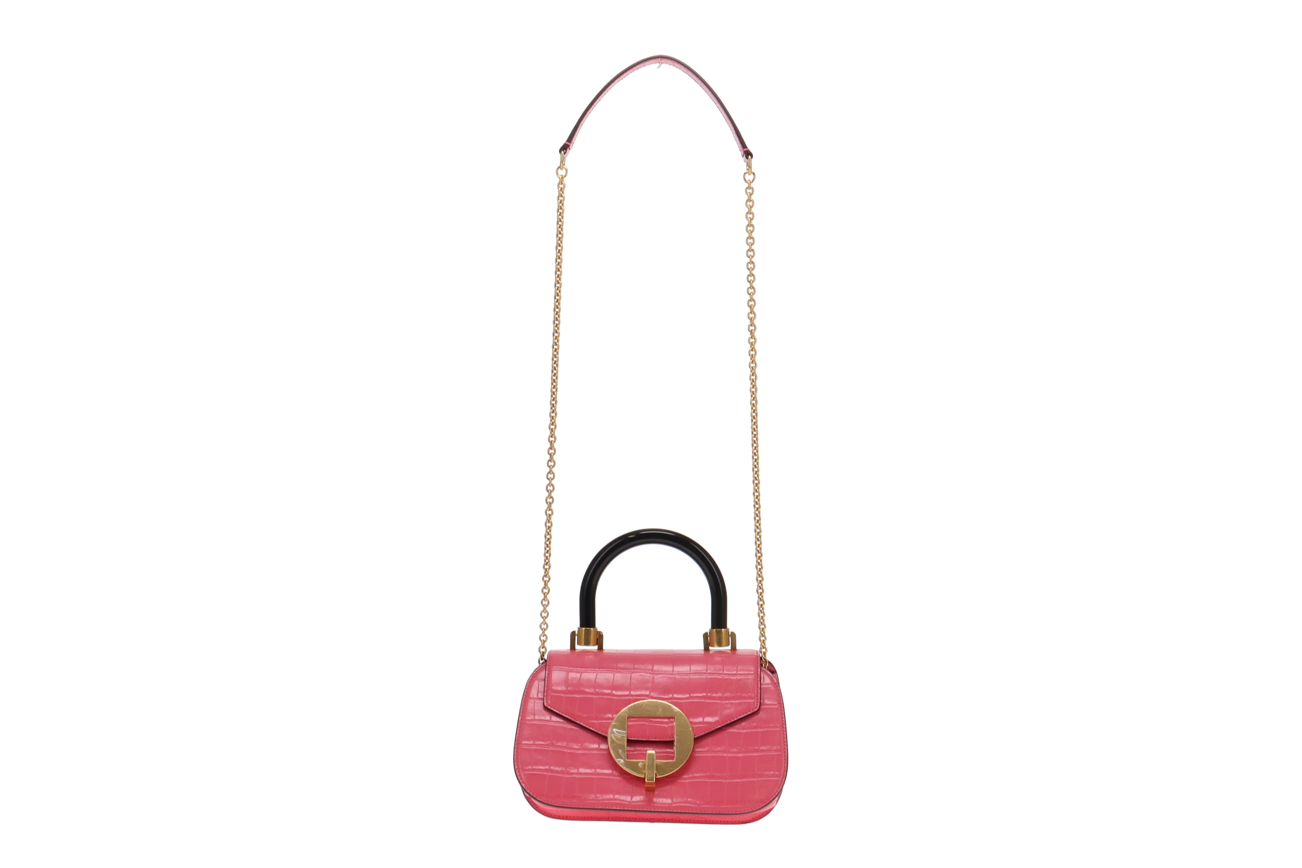 Mulbery Pink Shiny Croc Embossed Bovine Leather Mews Top Handle Chain Bag - Image 3
