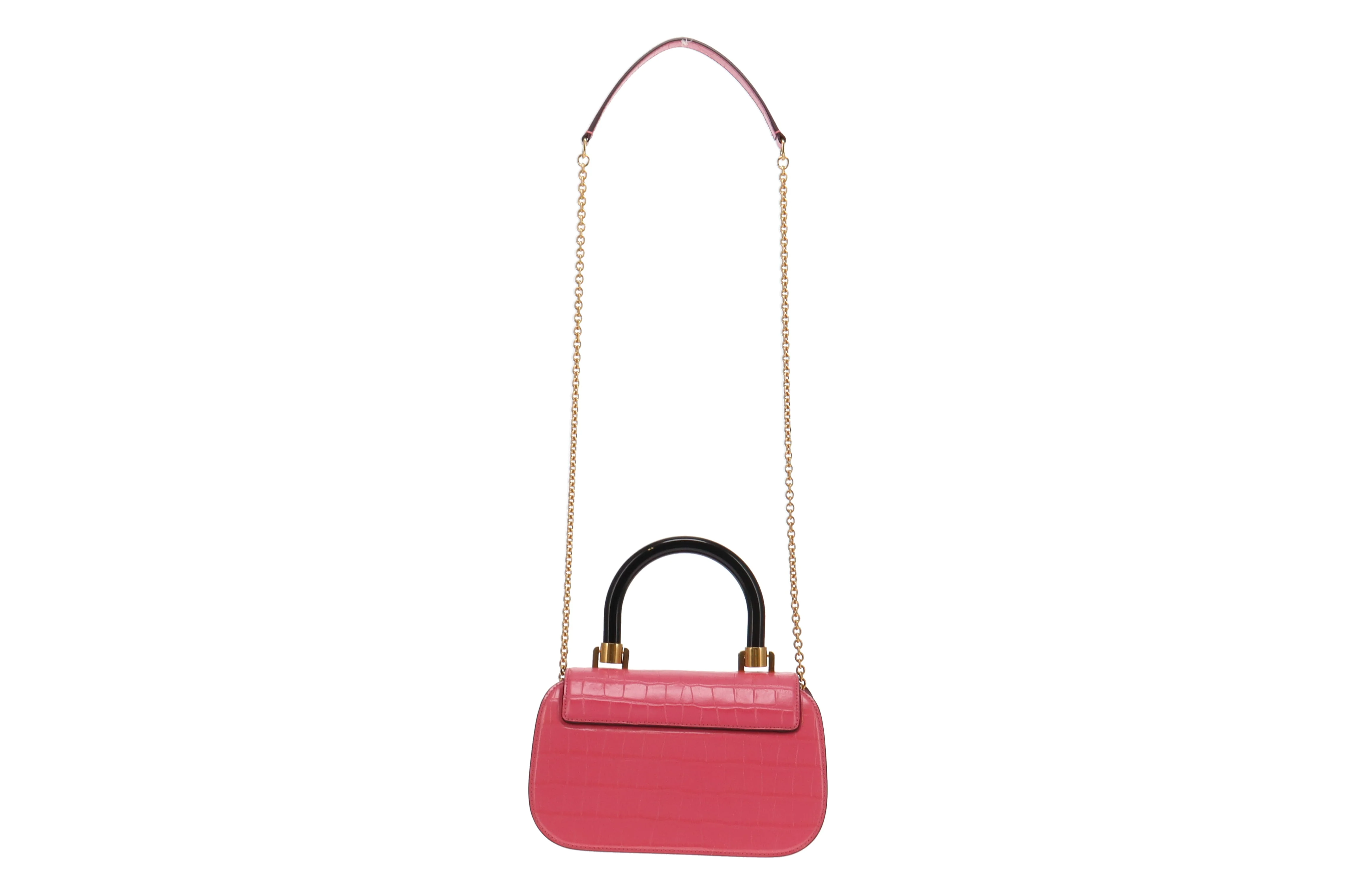 Mulbery Pink Shiny Croc Embossed Bovine Leather Mews Top Handle Chain Bag - Image 6