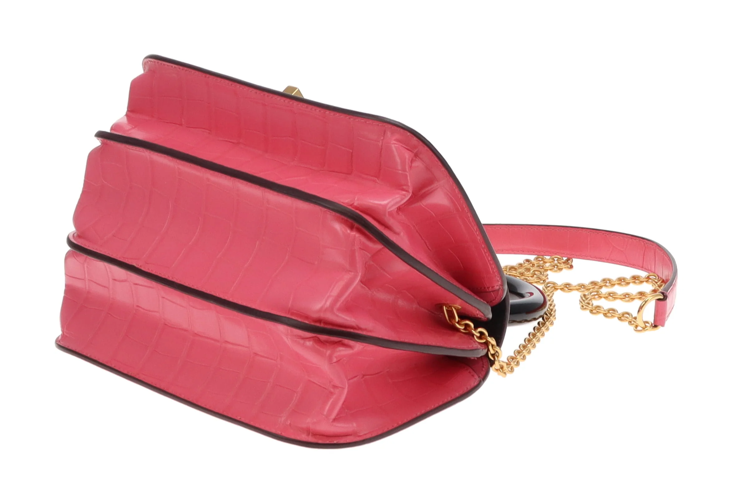 Mulbery Pink Shiny Croc Embossed Bovine Leather Mews Top Handle Chain Bag - Image 9