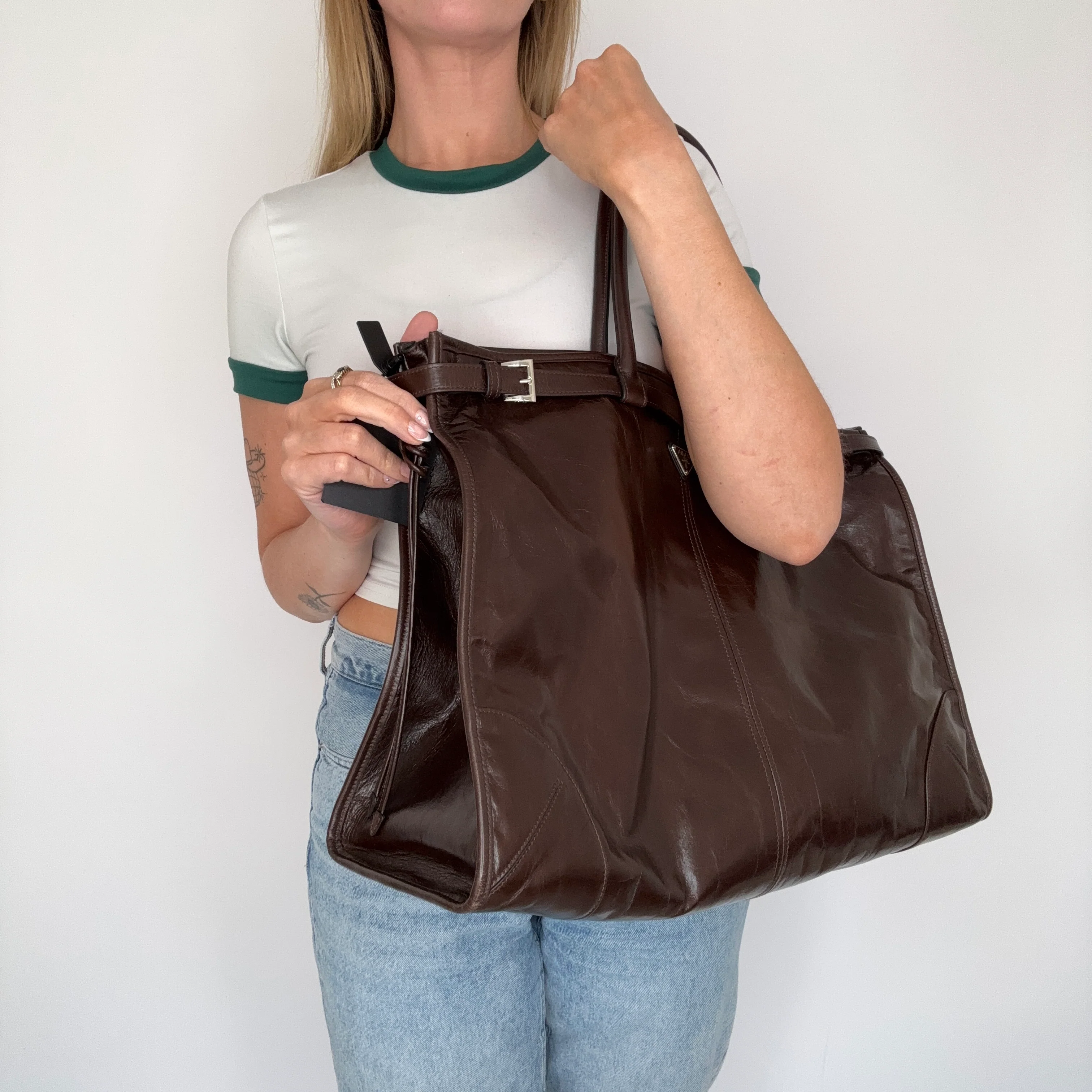 Prada Bonnie Extra Large Dark Brown Soft Lux with Strap - Image 2