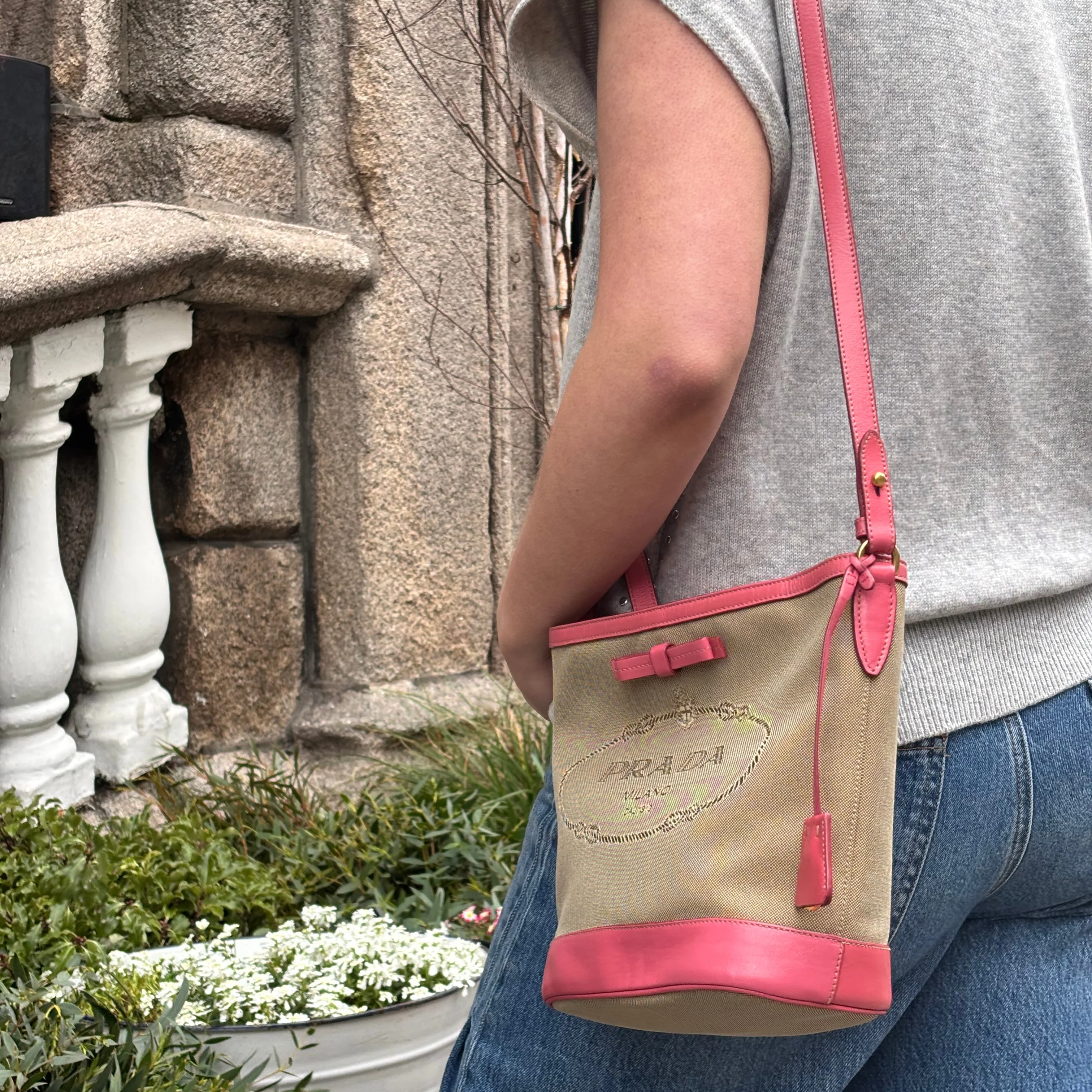Prada Bucket Bag Logo Canvas and Pink Leather - Image 2