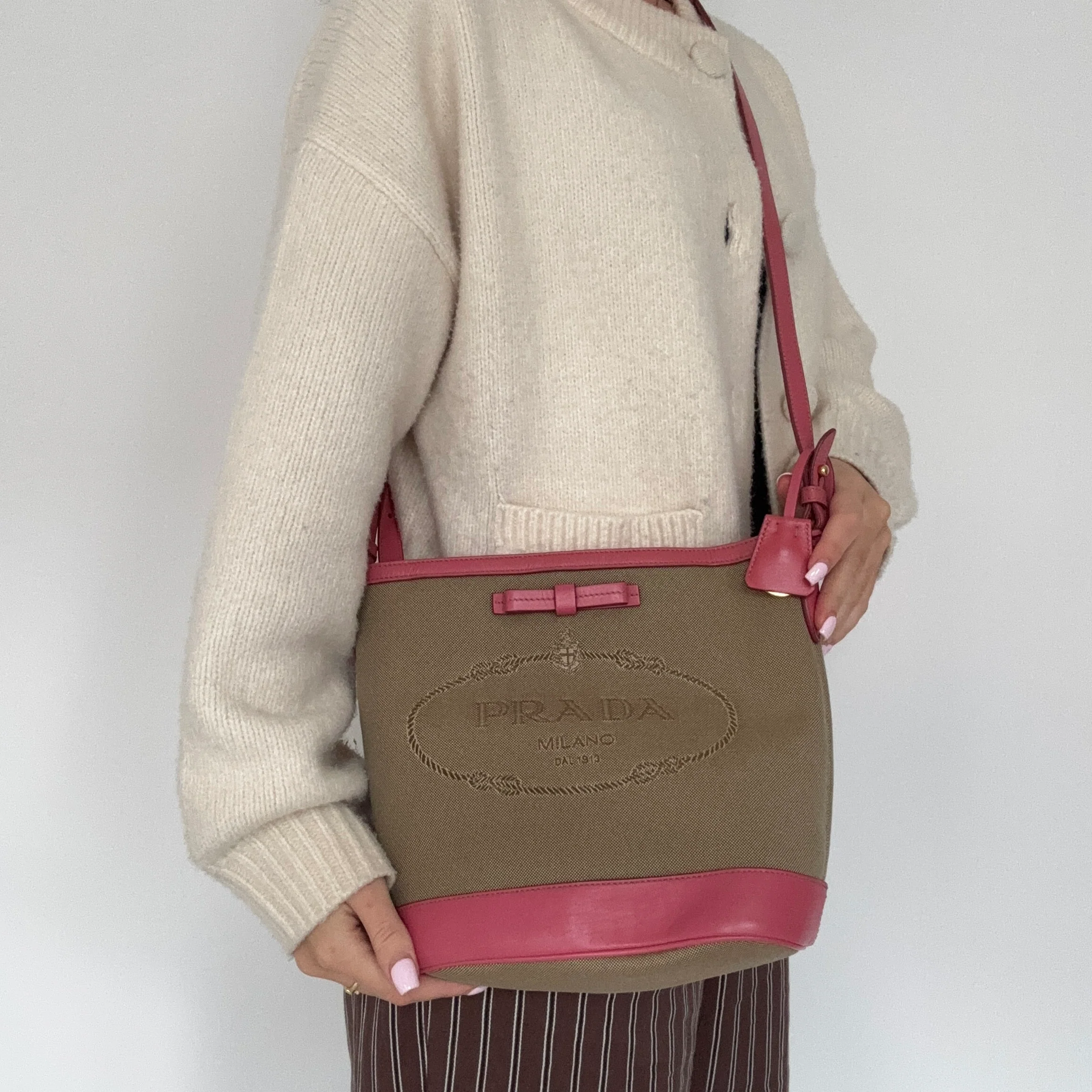 Prada Bucket Bag Logo Canvas and Pink Leather - Image 3
