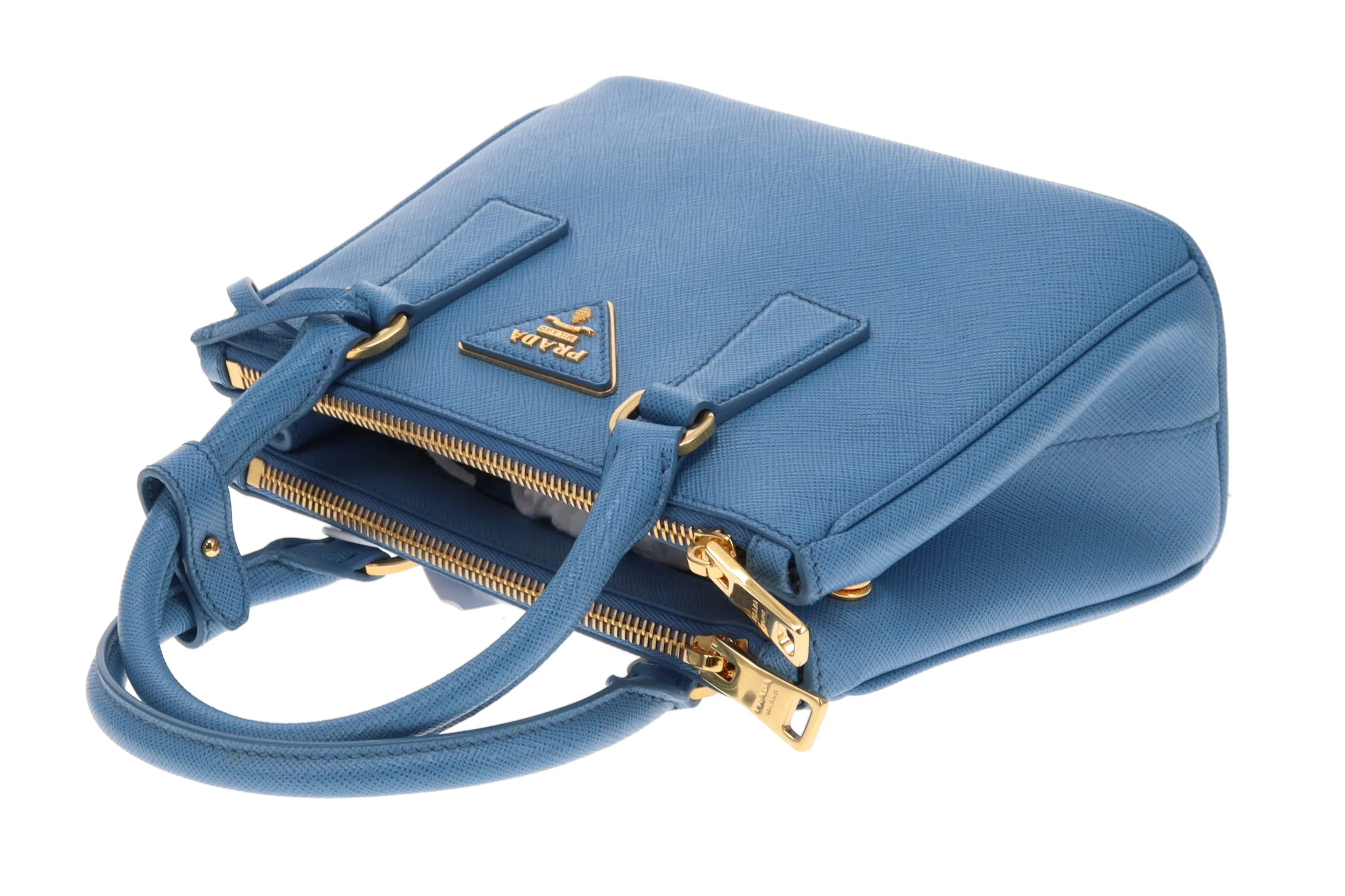 Prada Mini Galleria Saffiano Leather Onda (Blue) with Strap - Image 13