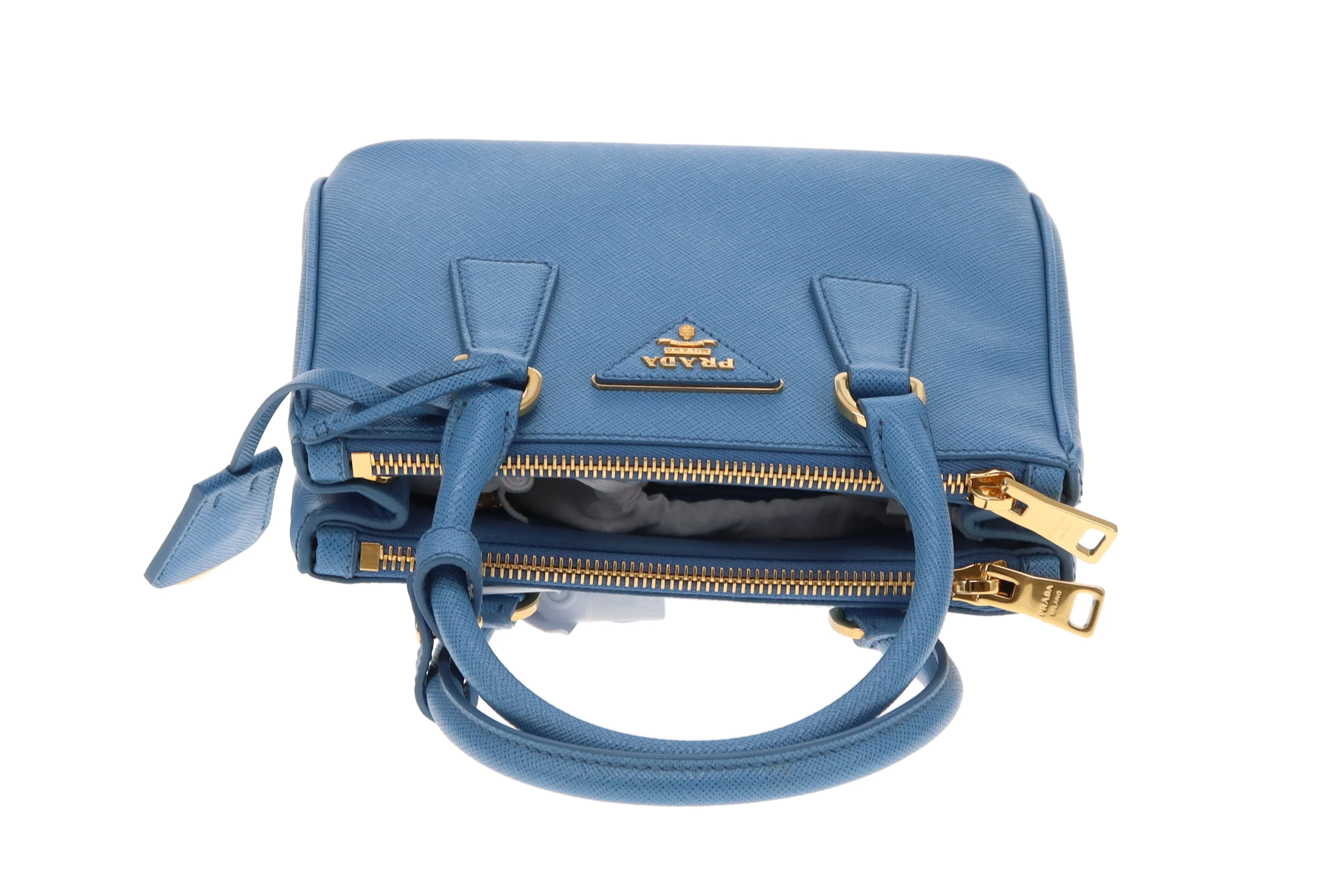 Prada Mini Galleria Saffiano Leather Onda (Blue) with Strap - Image 9