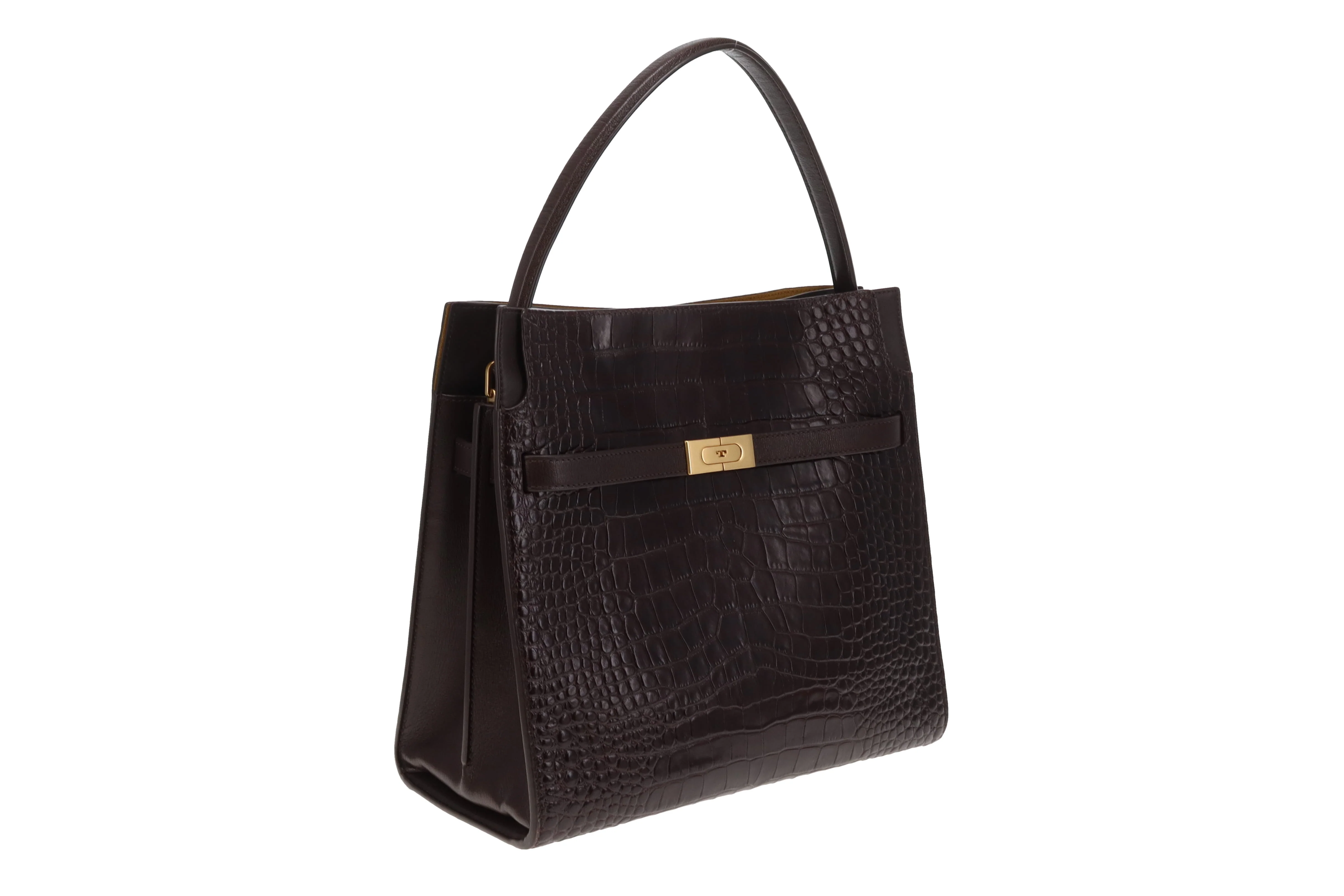 Tory Burch Lee Radziwill Croc Embossed Double Bag Brown Medium - Image 5