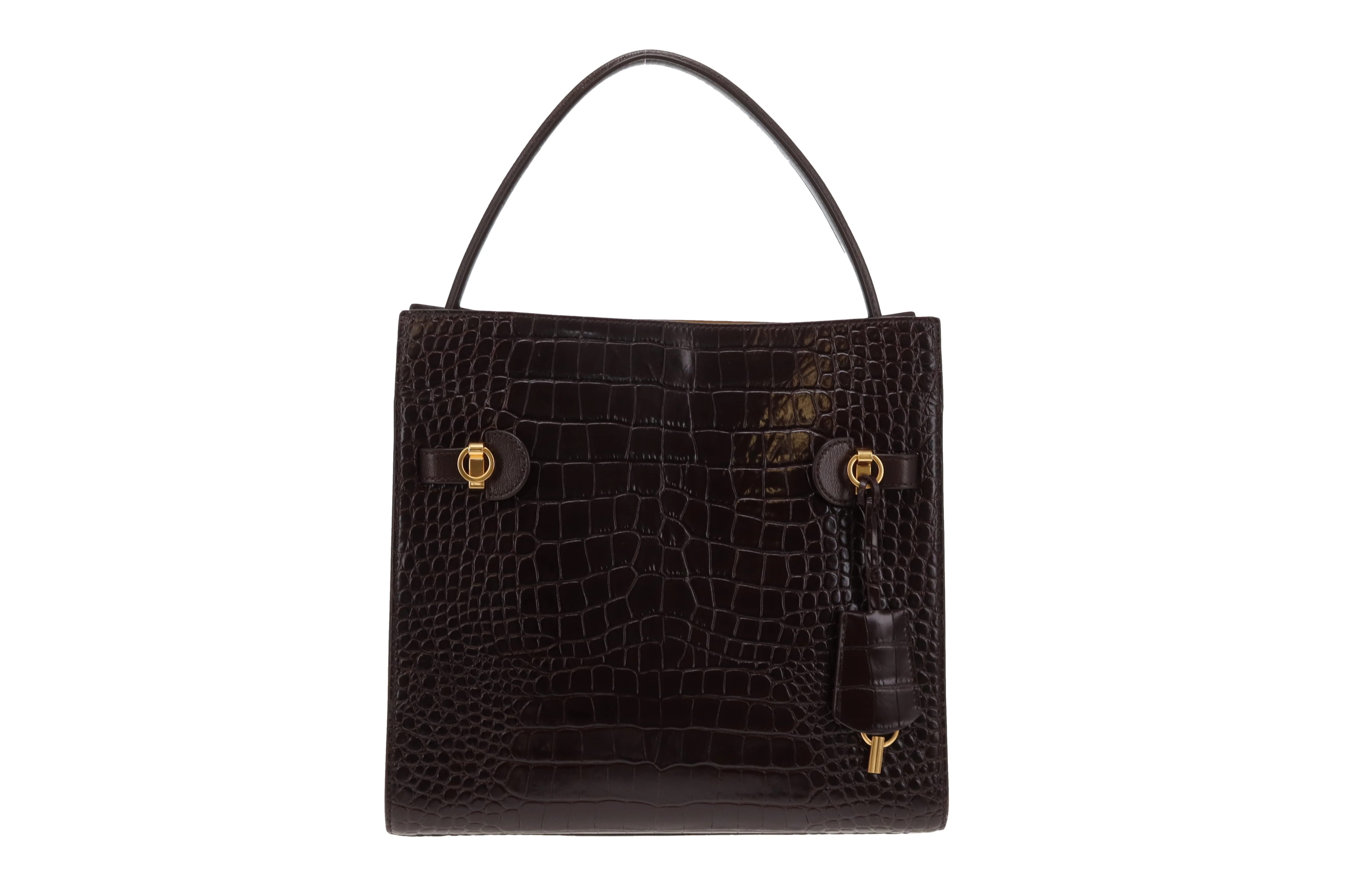 Tory Burch Lee Radziwill Croc Embossed Double Bag Brown Medium - Image 8