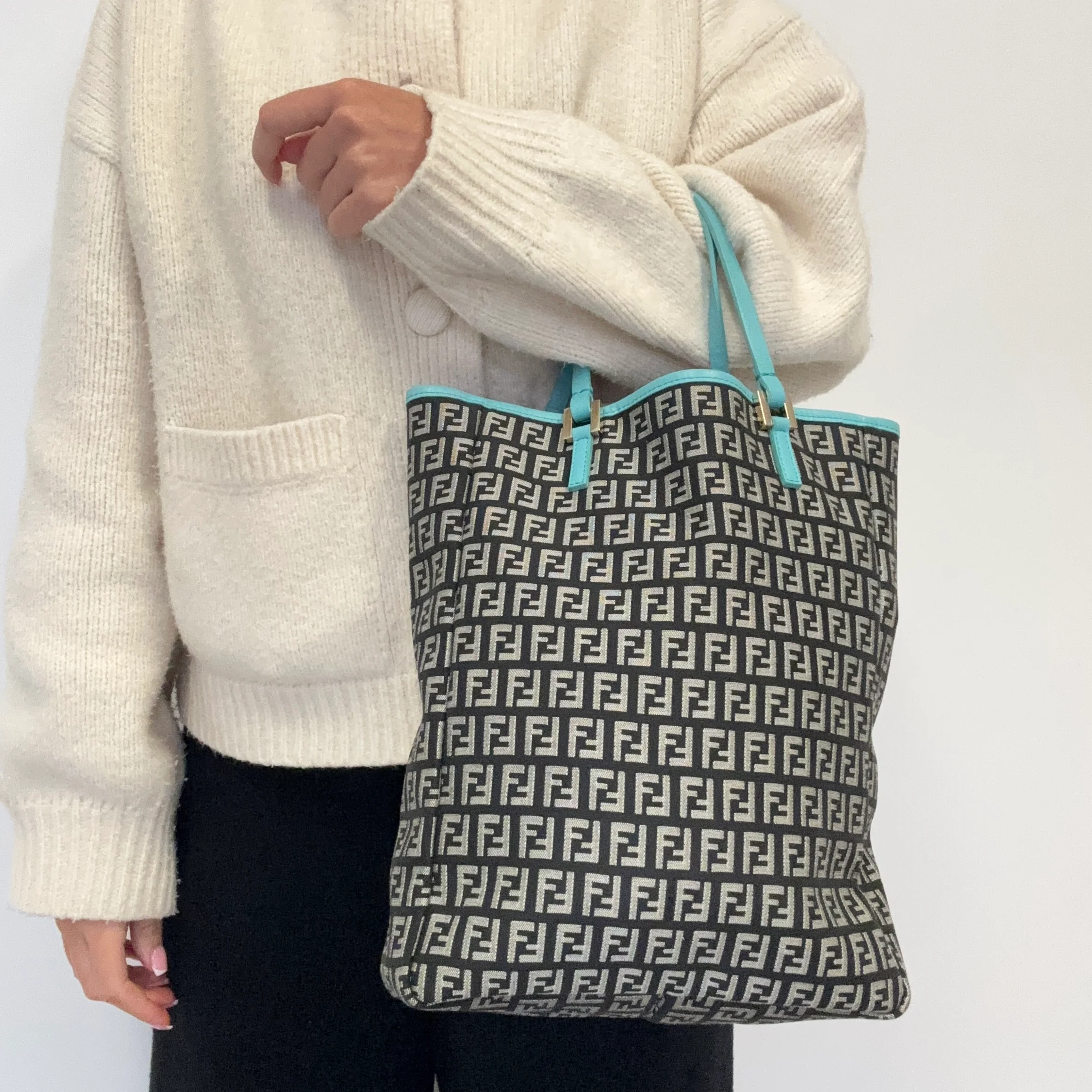 Fendi Black Zucchino Canvas Blue Leather Trim Tote - Image 2