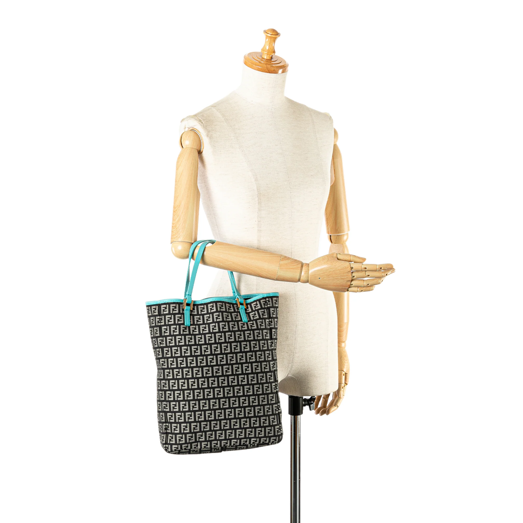 Fendi Black Zucchino Canvas Blue Leather Trim Tote - Image 3