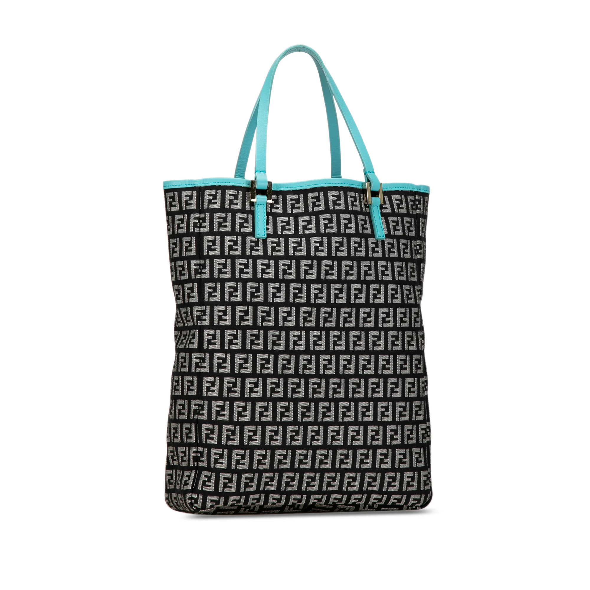 Fendi Black Zucchino Canvas Blue Leather Trim Tote - Image 4